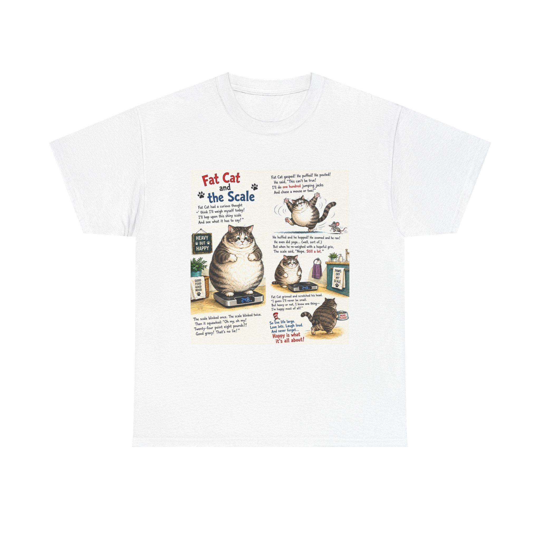 Cat Humor T-Shirt — "Fat Cat on the Scale" Illustrated Graphic Tee