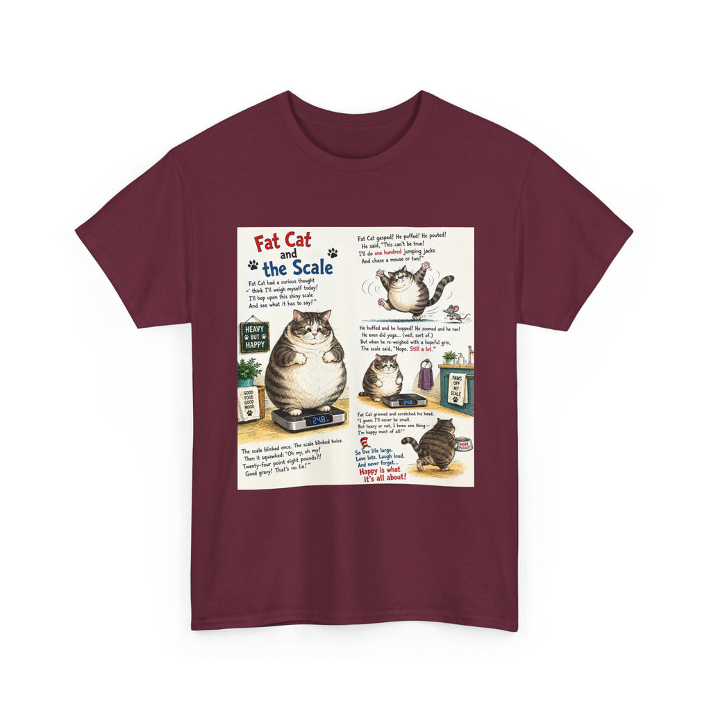 Cat Humor T-Shirt — "Fat Cat on the Scale" Illustrated Graphic Tee