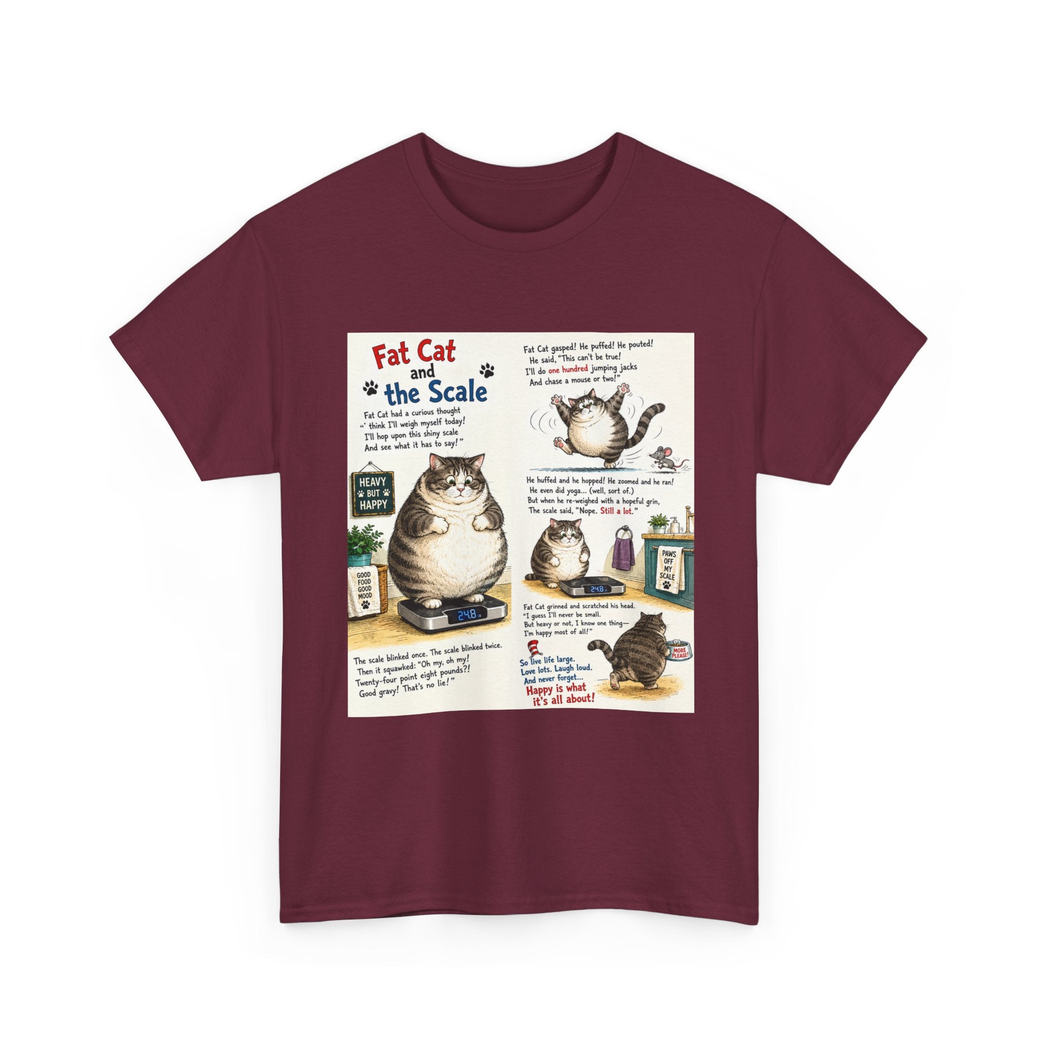 Cat Humor T-Shirt — "Fat Cat on the Scale" Illustrated Graphic Tee