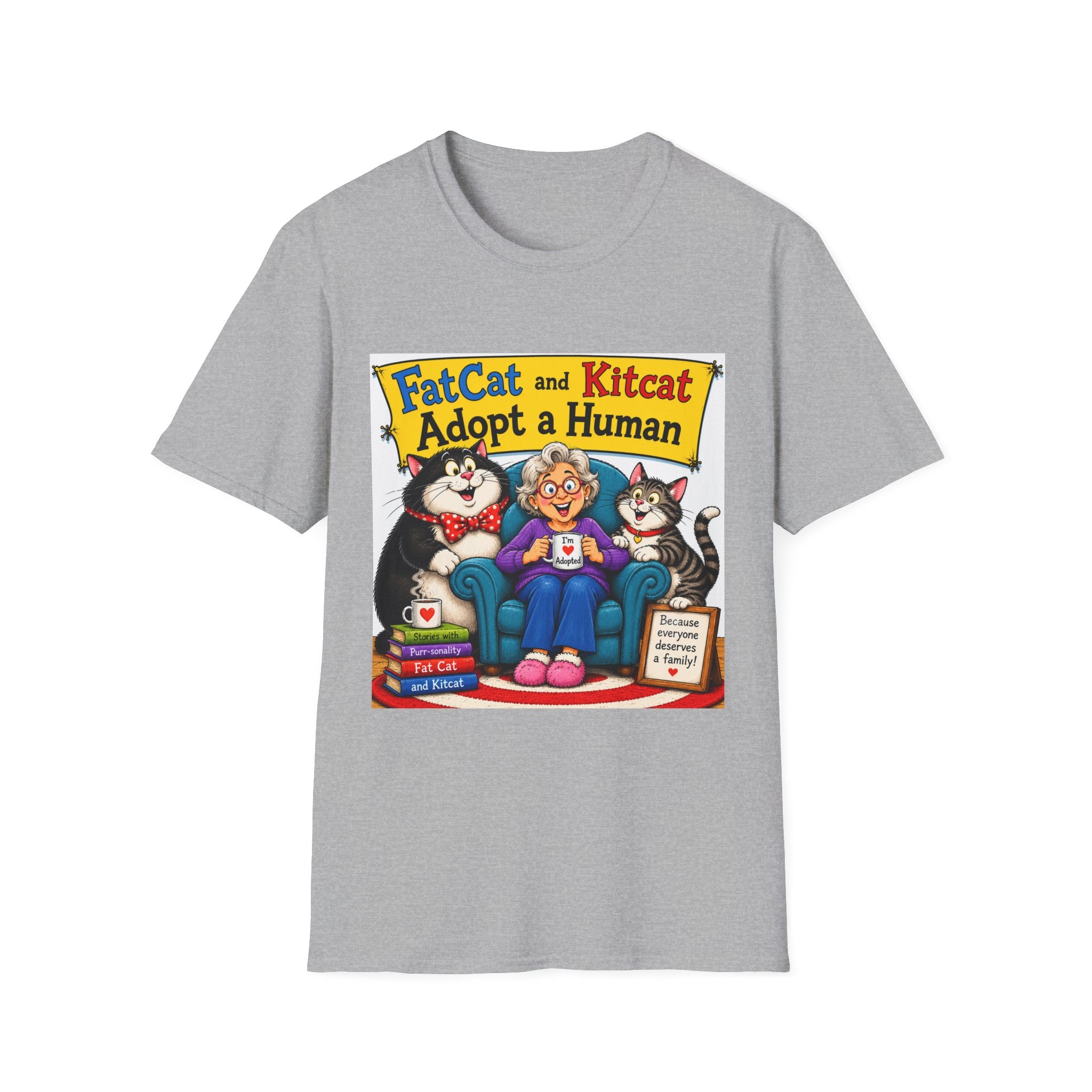 T-Shirt — "FatCat and Kitcat Adopt a Human" Cute Retro Cat Book Design