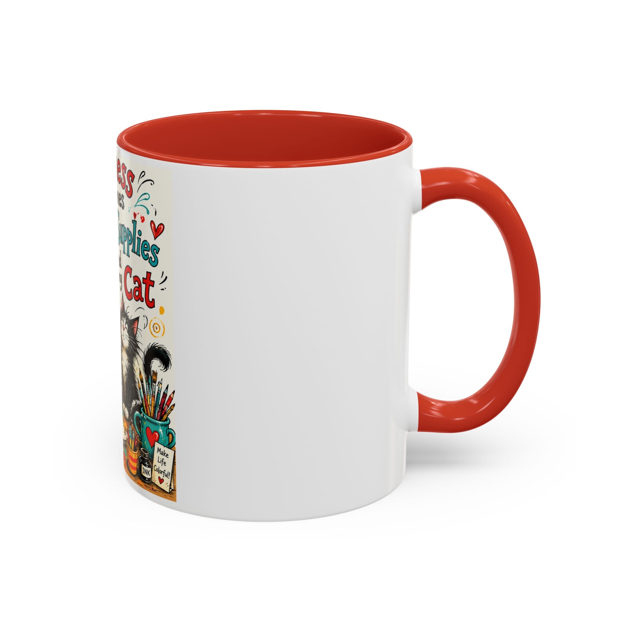 Art Supplies & My Cat Coffee Mug — "Happiness Comes From Art Supplies and My Cat" Accent Mug