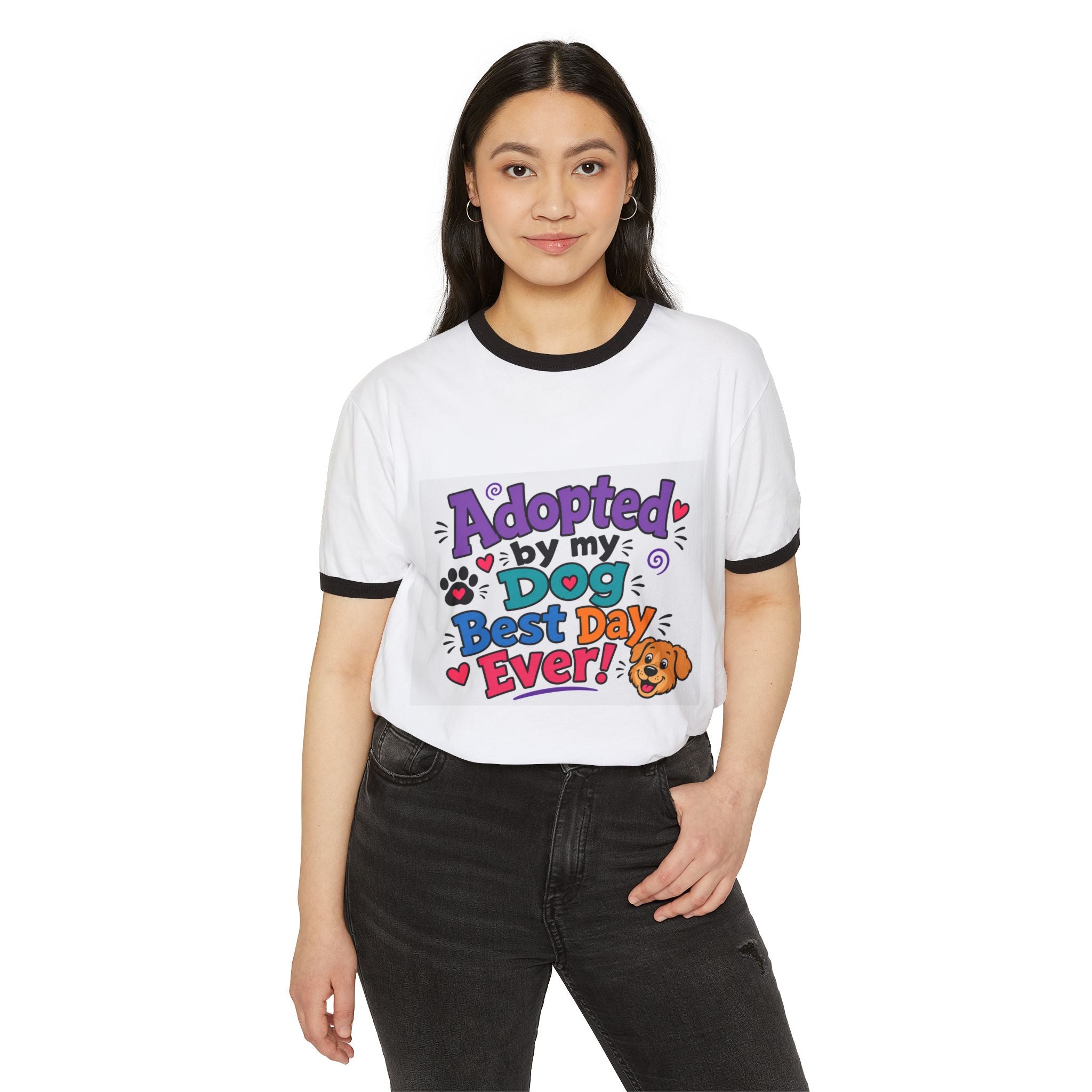 Adopted By My Dog Ringer T-Shirt — "Adopted by My Dog Best Day Ever!"