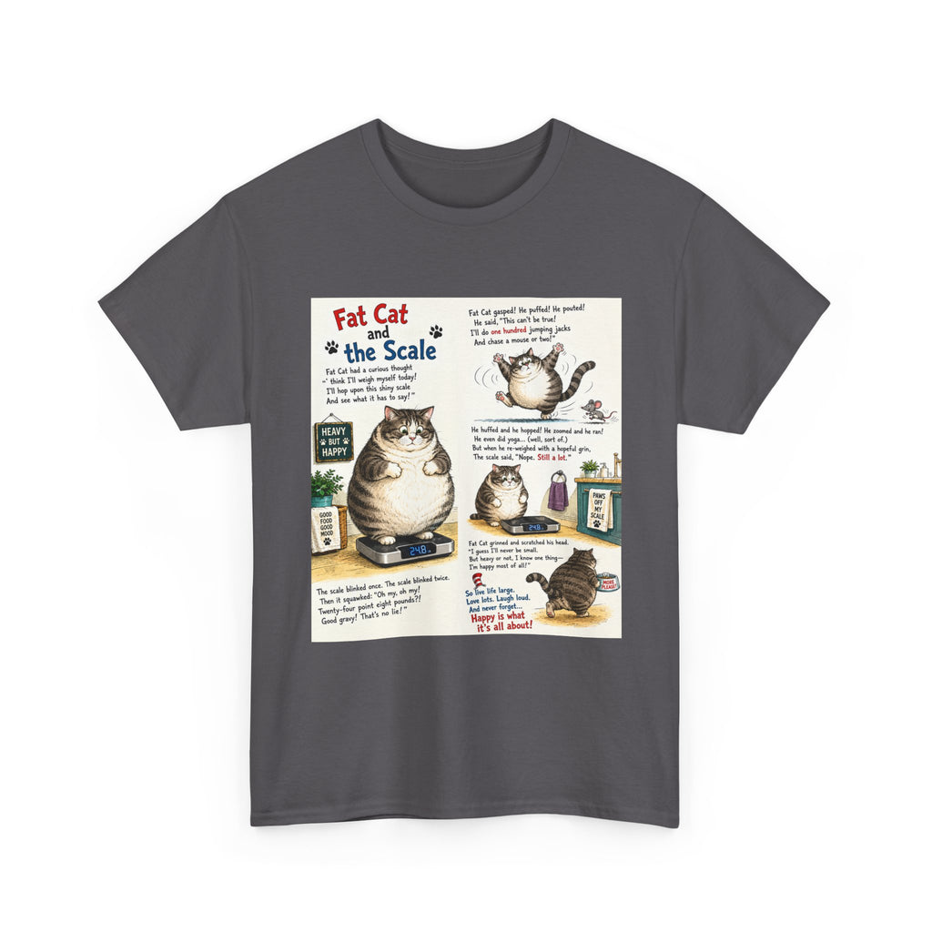Cat Humor T-Shirt — "Fat Cat on the Scale" Illustrated Graphic Tee