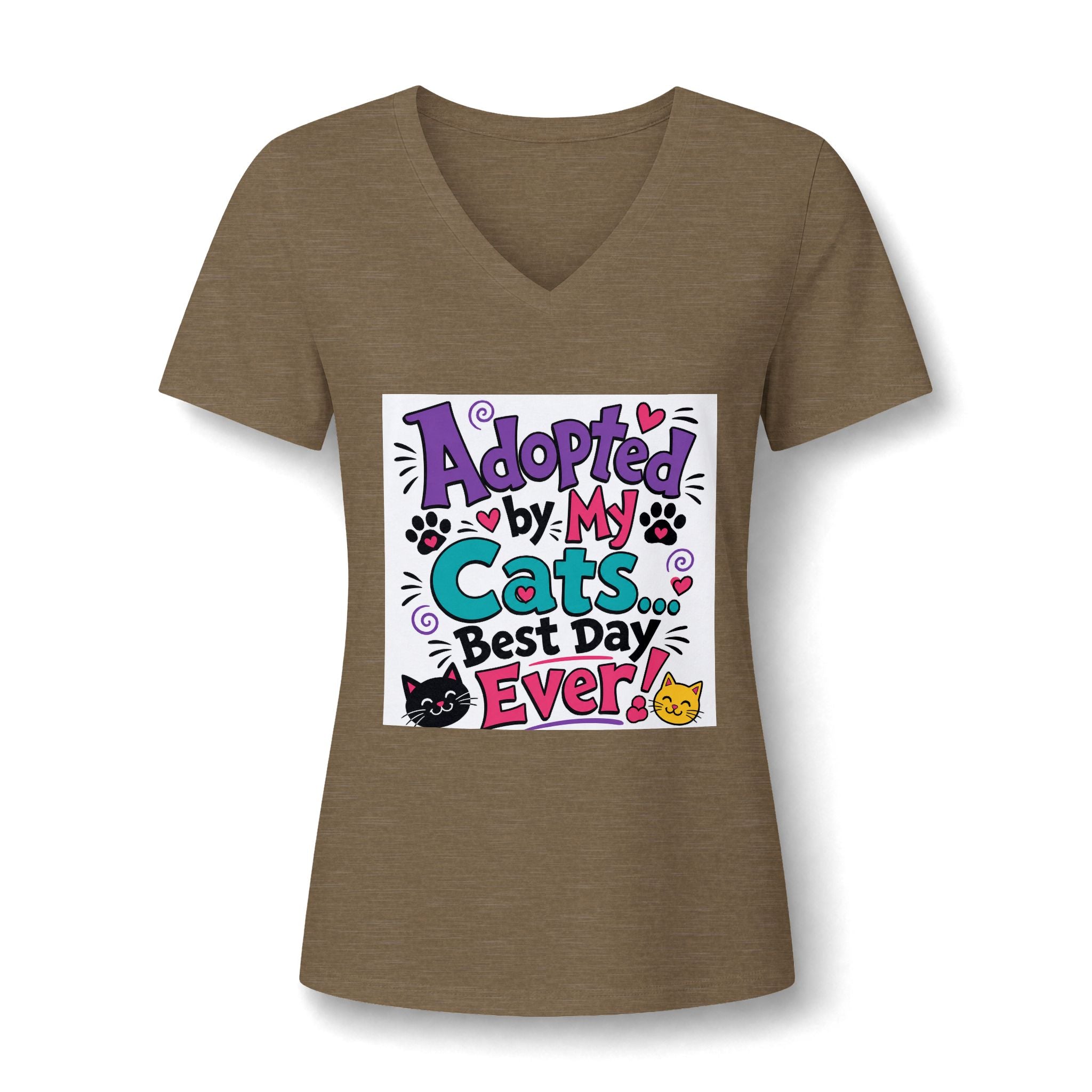 Adopted by My Cats V-Neck Tee — "Best Day Ever" Cat Mom Shirt