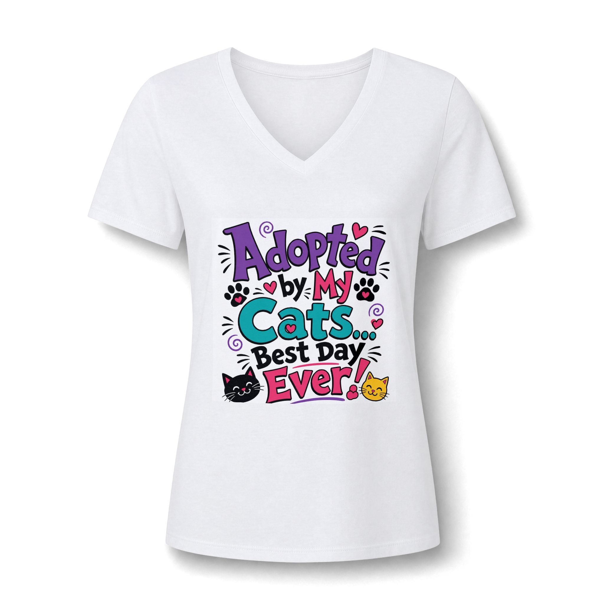 Adopted by My Cats V-Neck Tee — "Best Day Ever" Cat Mom Shirt