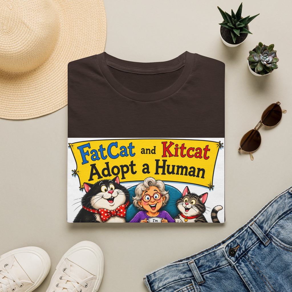 T-Shirt — "FatCat and Kitcat Adopt a Human" Cute Retro Cat Book Design