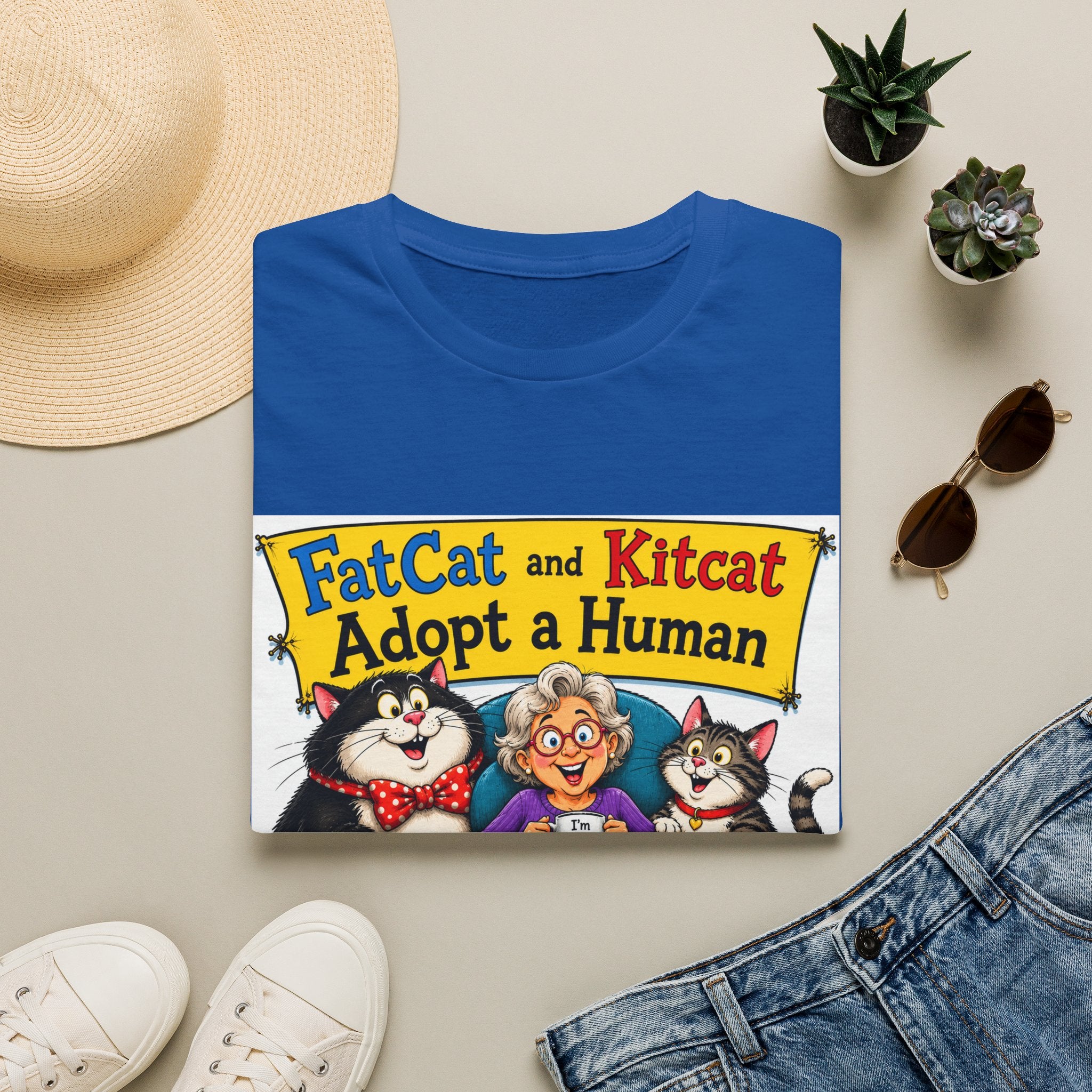 T-Shirt — "FatCat and Kitcat Adopt a Human" Cute Retro Cat Book Design