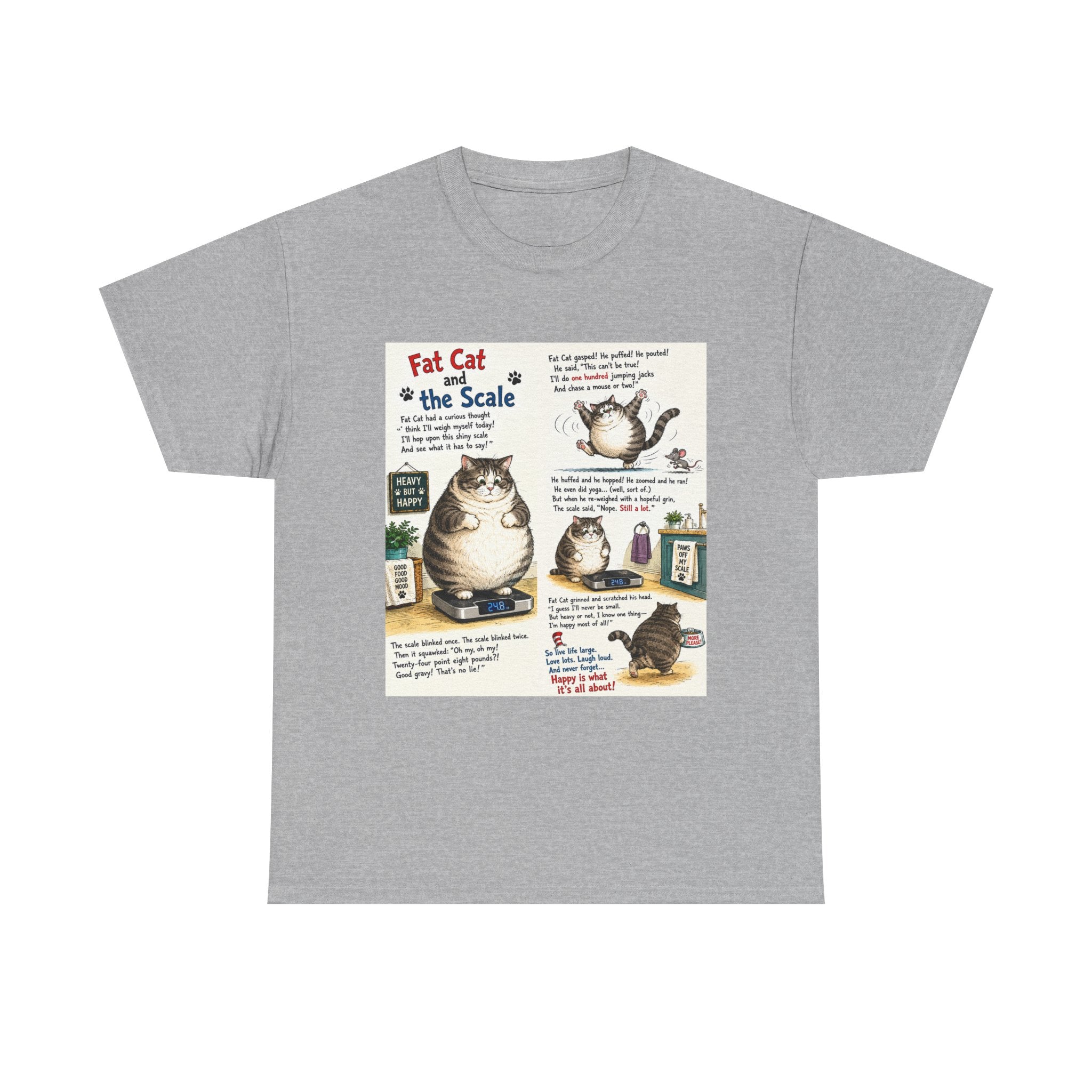 Cat Humor T-Shirt — "Fat Cat on the Scale" Illustrated Graphic Tee