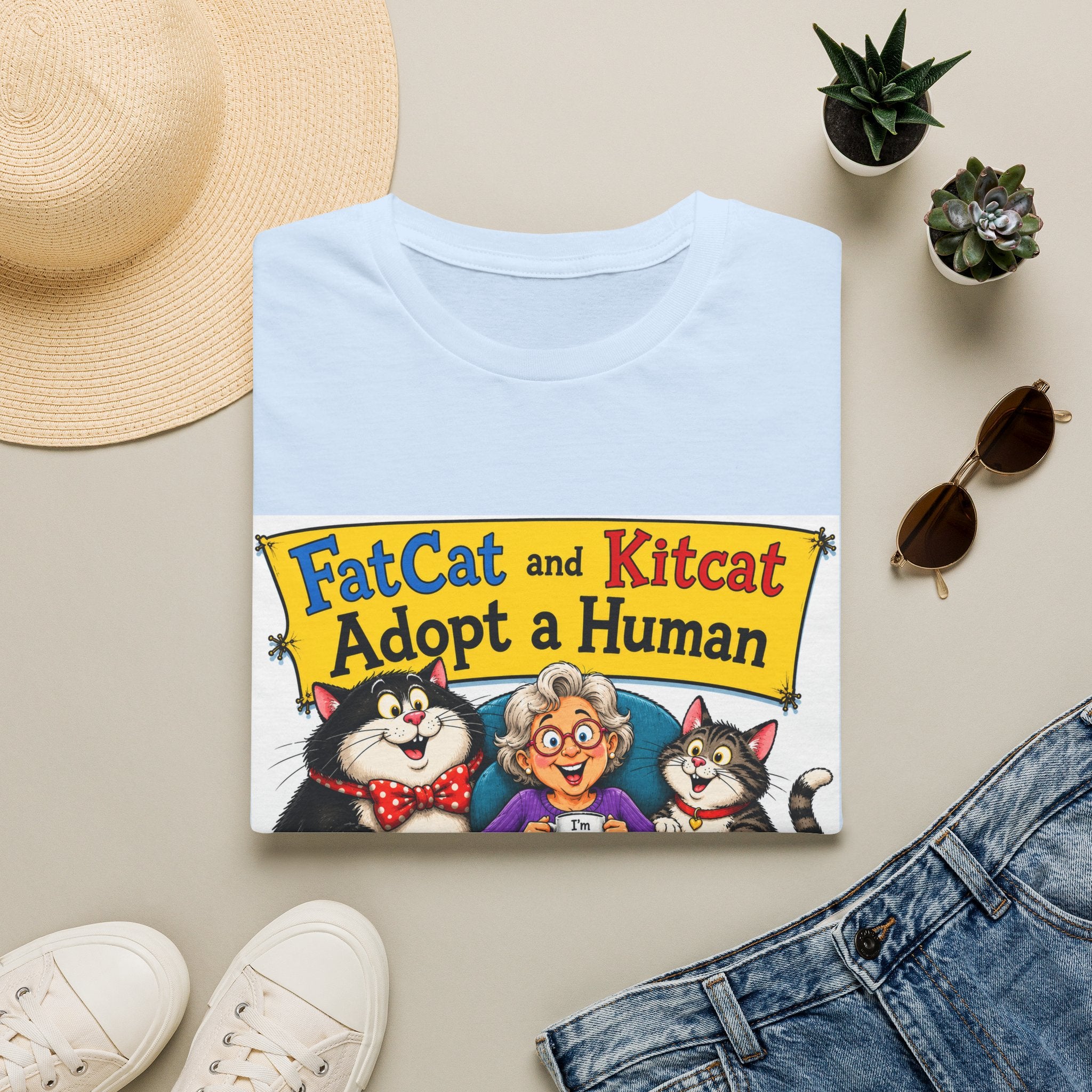 T-Shirt — "FatCat and Kitcat Adopt a Human" Cute Retro Cat Book Design