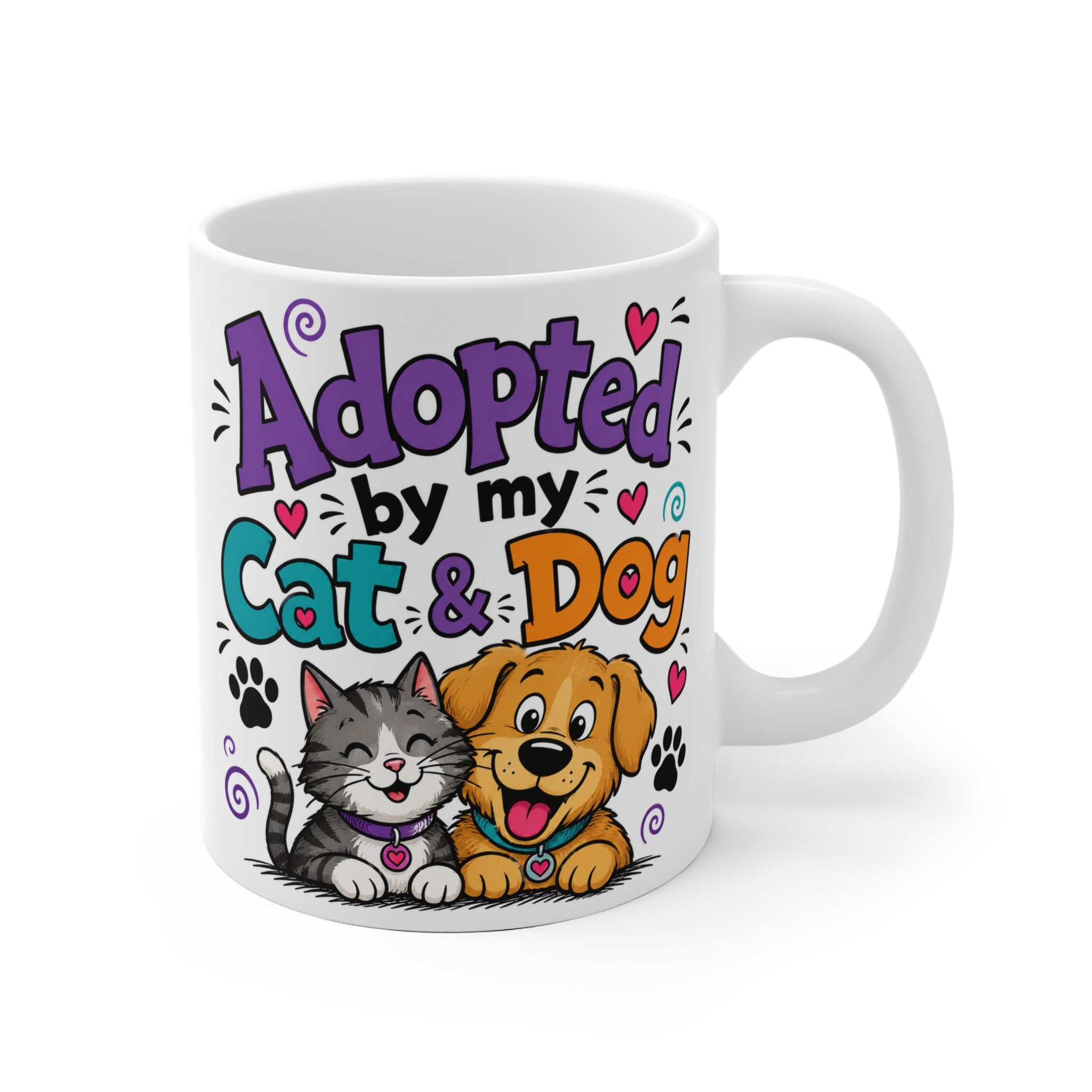 Adopted By My Cat & Dog Ceramic Mug — Cute Pet Lover Coffee Cup