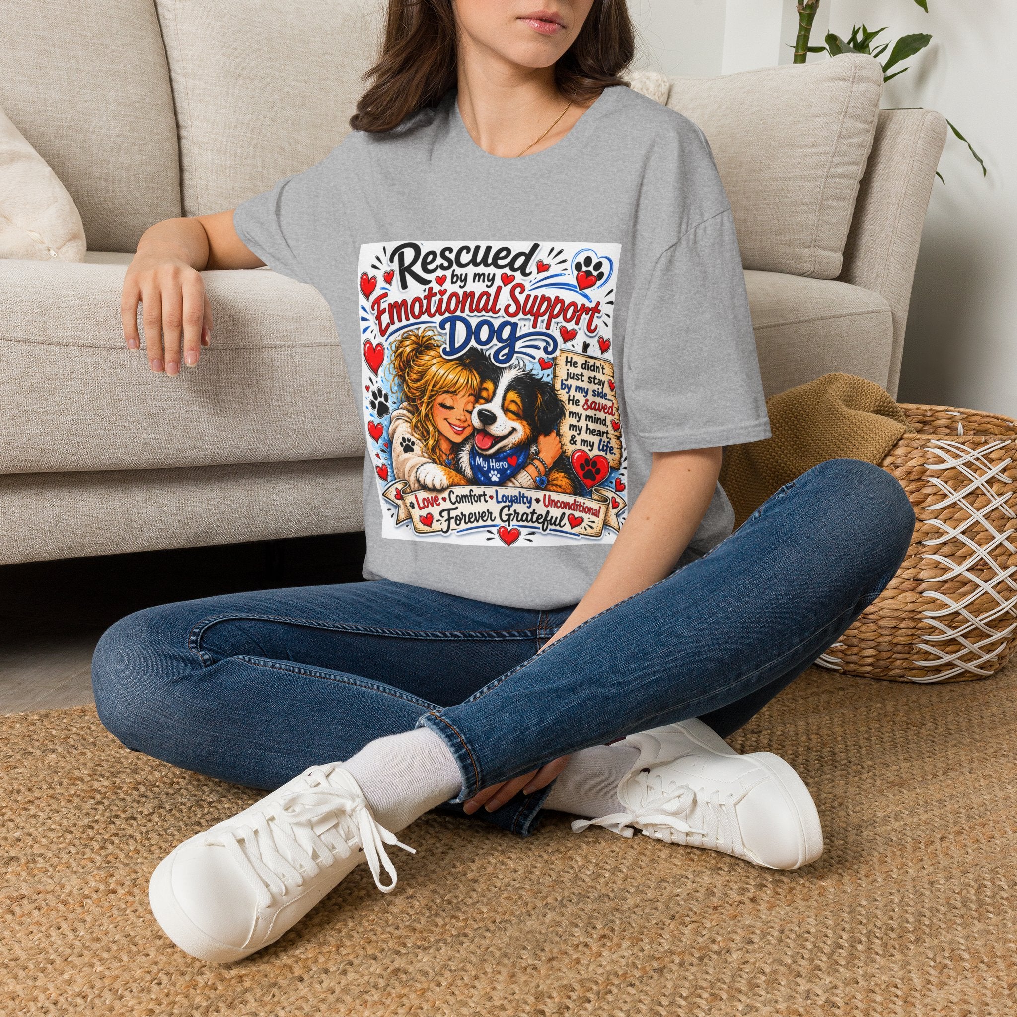 Emotional Support Dog T-Shirt — "Rescued by My Emotional Support Dog" Graphic Tee