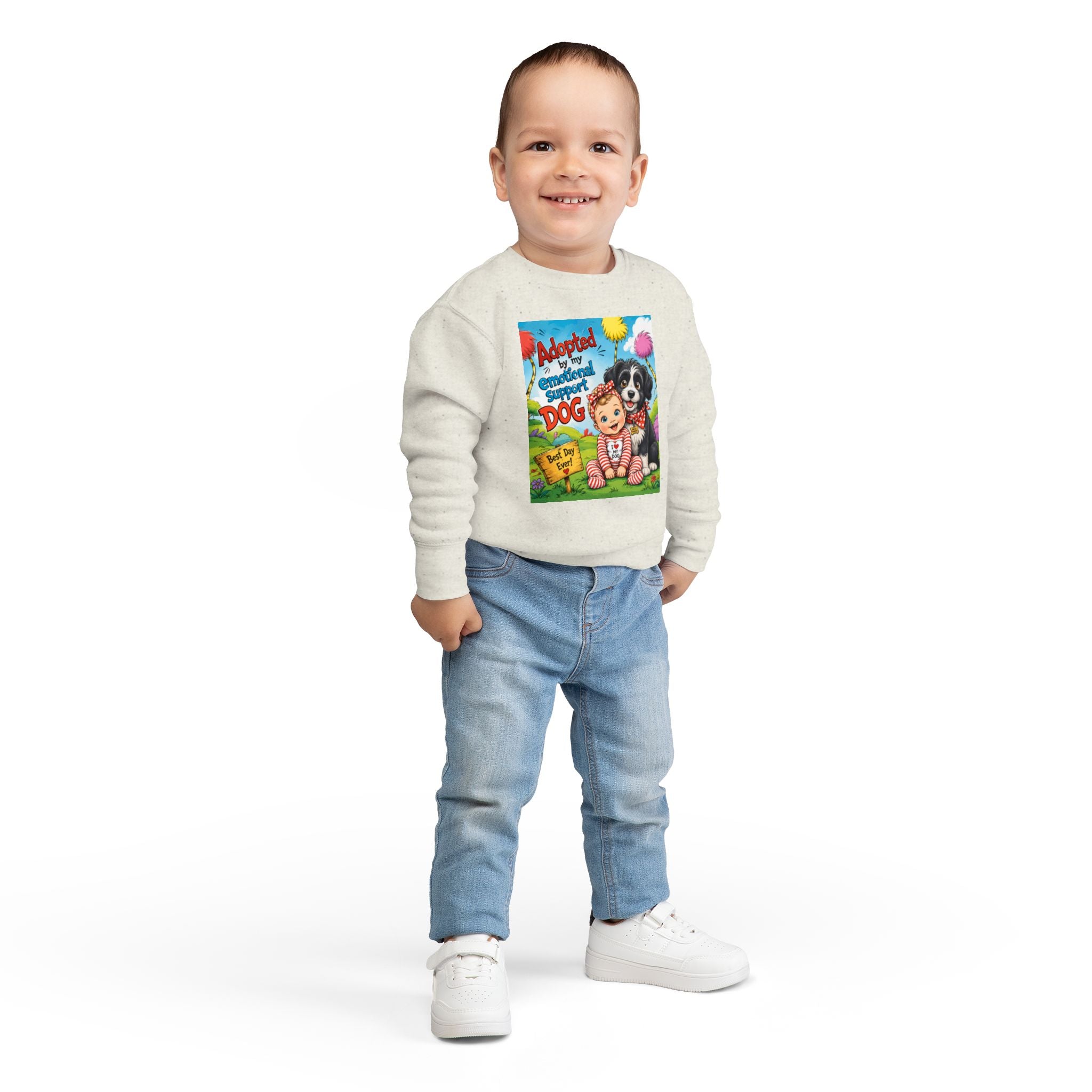 Toddler Sweatshirt — "Adopted by My Emotional Support Dog" Cute Baby & Pup Graphic