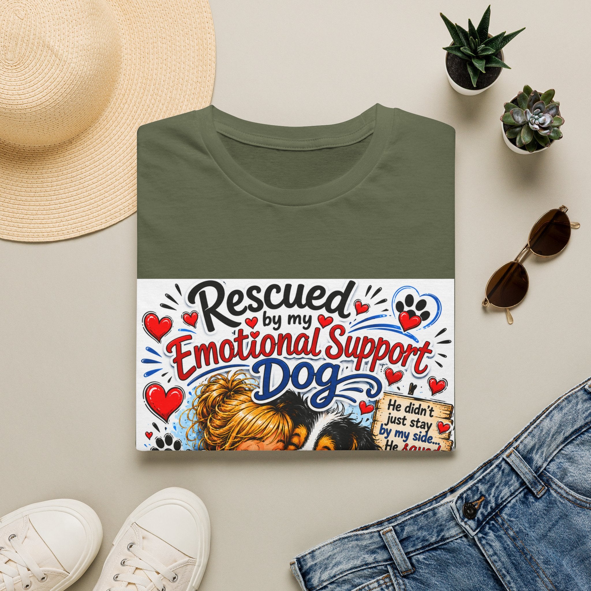 Emotional Support Dog T-Shirt — "Rescued by My Emotional Support Dog" Graphic Tee