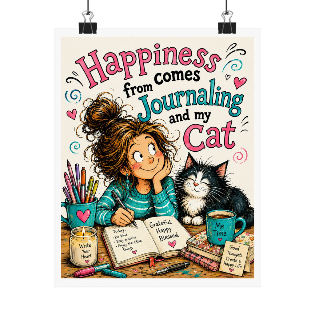 Journaling & My Cat Matte Poster — 'Happiness Comes from Journaling and My Cat'