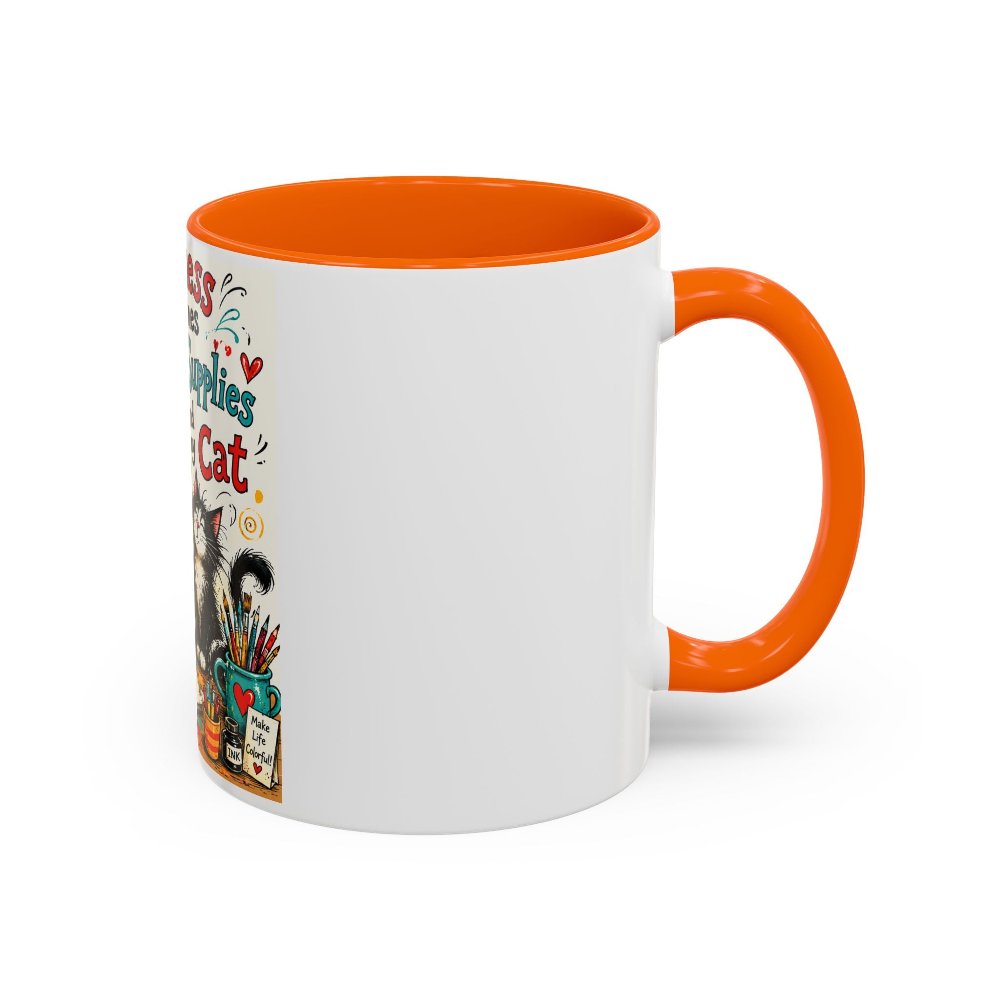 Art Supplies & My Cat Coffee Mug — "Happiness Comes From Art Supplies and My Cat" Accent Mug