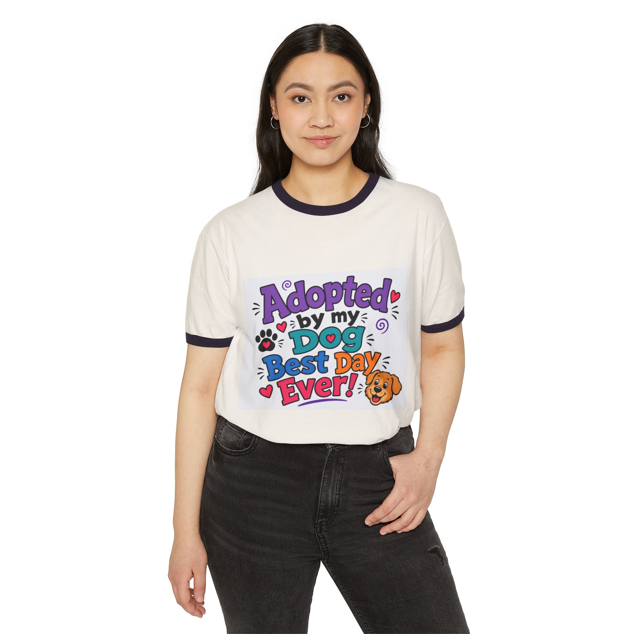 Adopted By My Dog Ringer T-Shirt — "Adopted by My Dog Best Day Ever!"