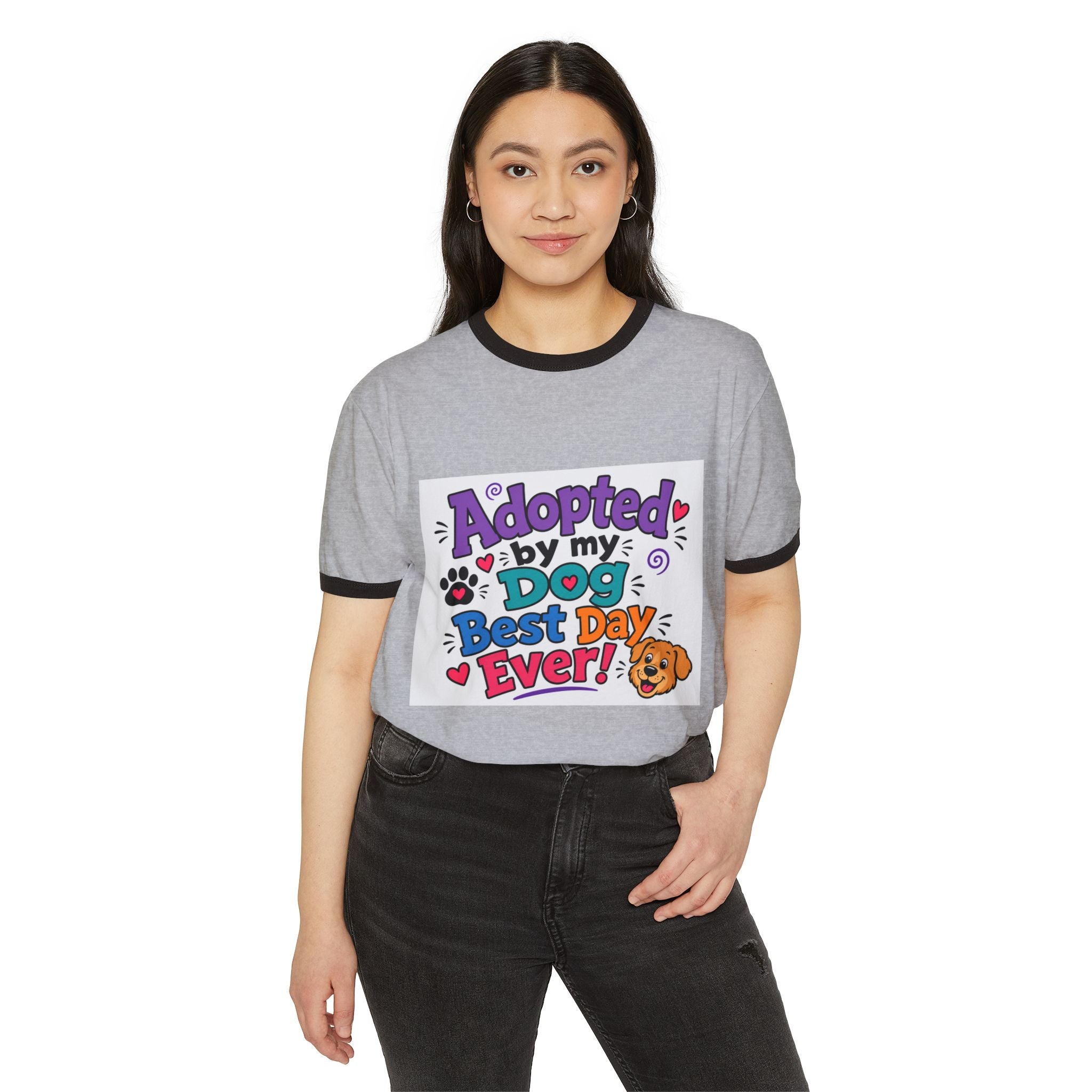 Adopted By My Dog Ringer T-Shirt — "Adopted by My Dog Best Day Ever!"