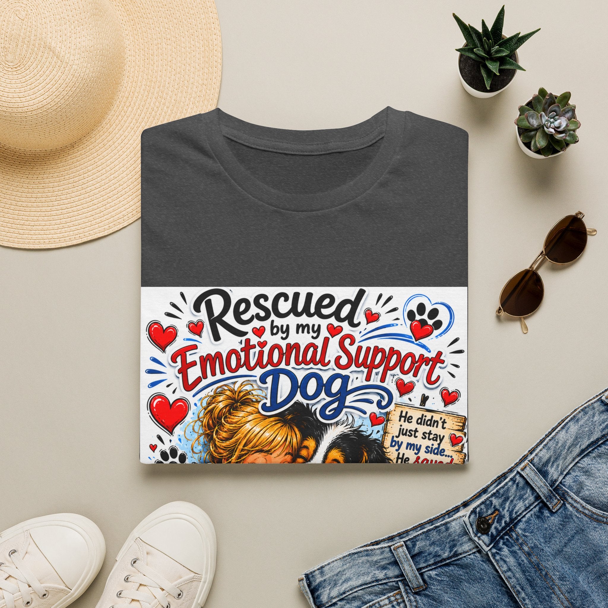 Emotional Support Dog T-Shirt — "Rescued by My Emotional Support Dog" Graphic Tee