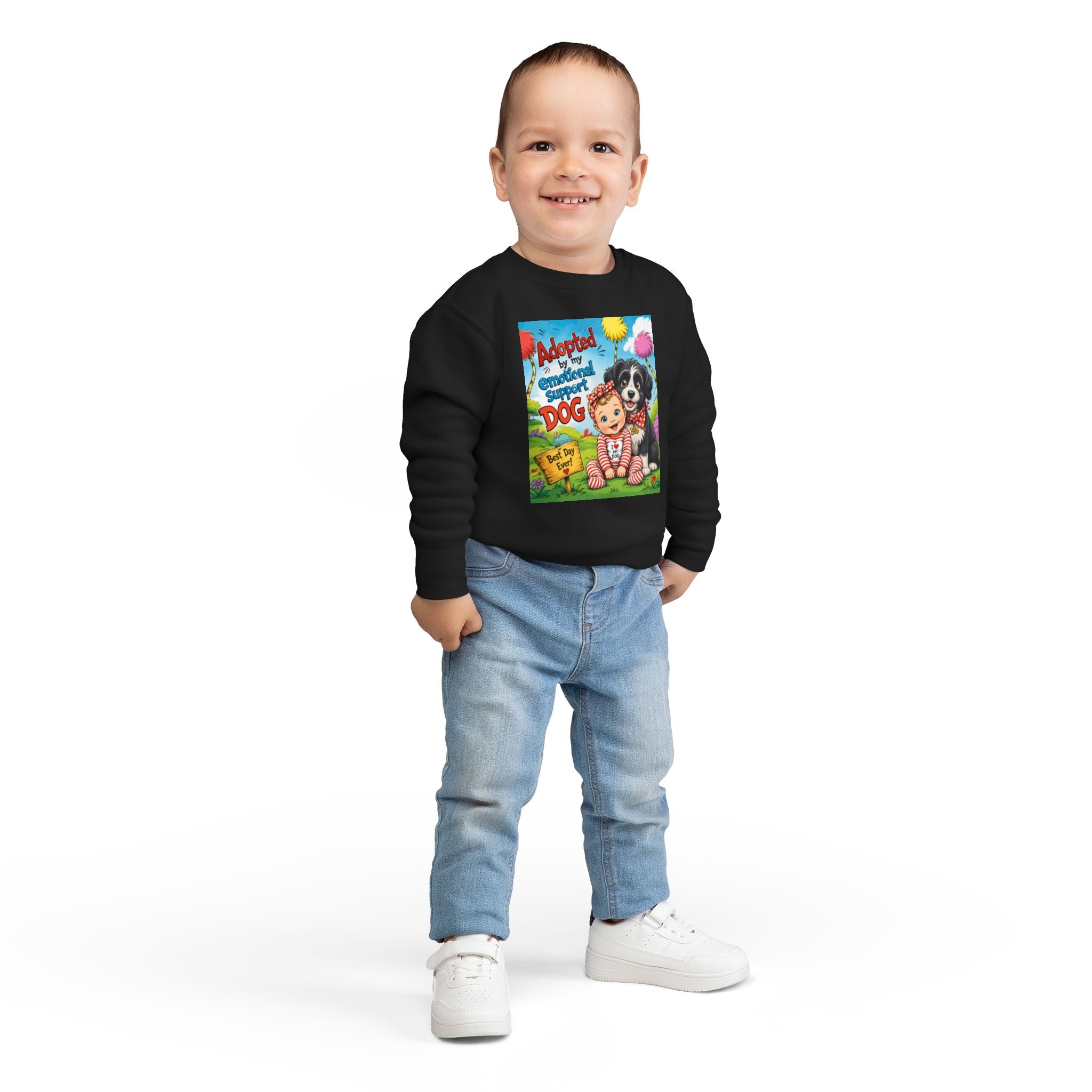 Toddler Sweatshirt — "Adopted by My Emotional Support Dog" Cute Baby & Pup Graphic