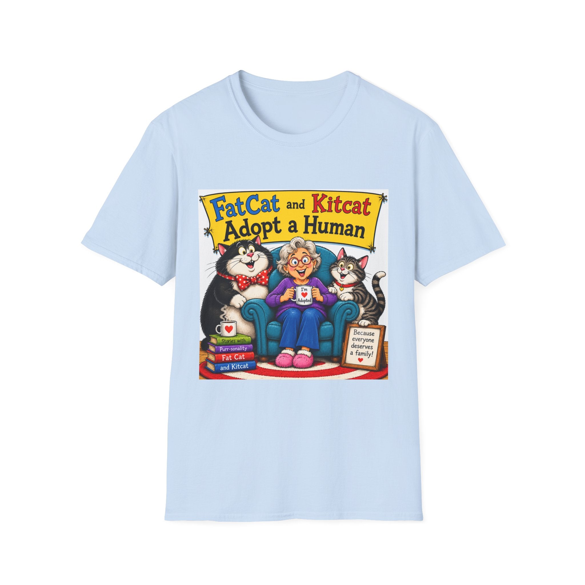 T-Shirt — "FatCat and Kitcat Adopt a Human" Cute Retro Cat Book Design