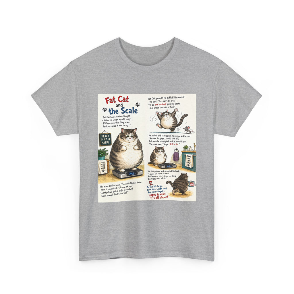 Cat Humor T-Shirt — "Fat Cat on the Scale" Illustrated Graphic Tee