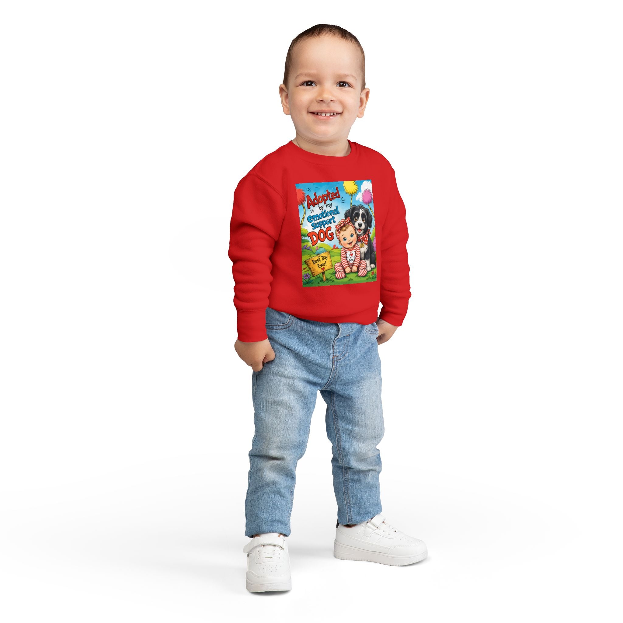 Toddler Sweatshirt — "Adopted by My Emotional Support Dog" Cute Baby & Pup Graphic
