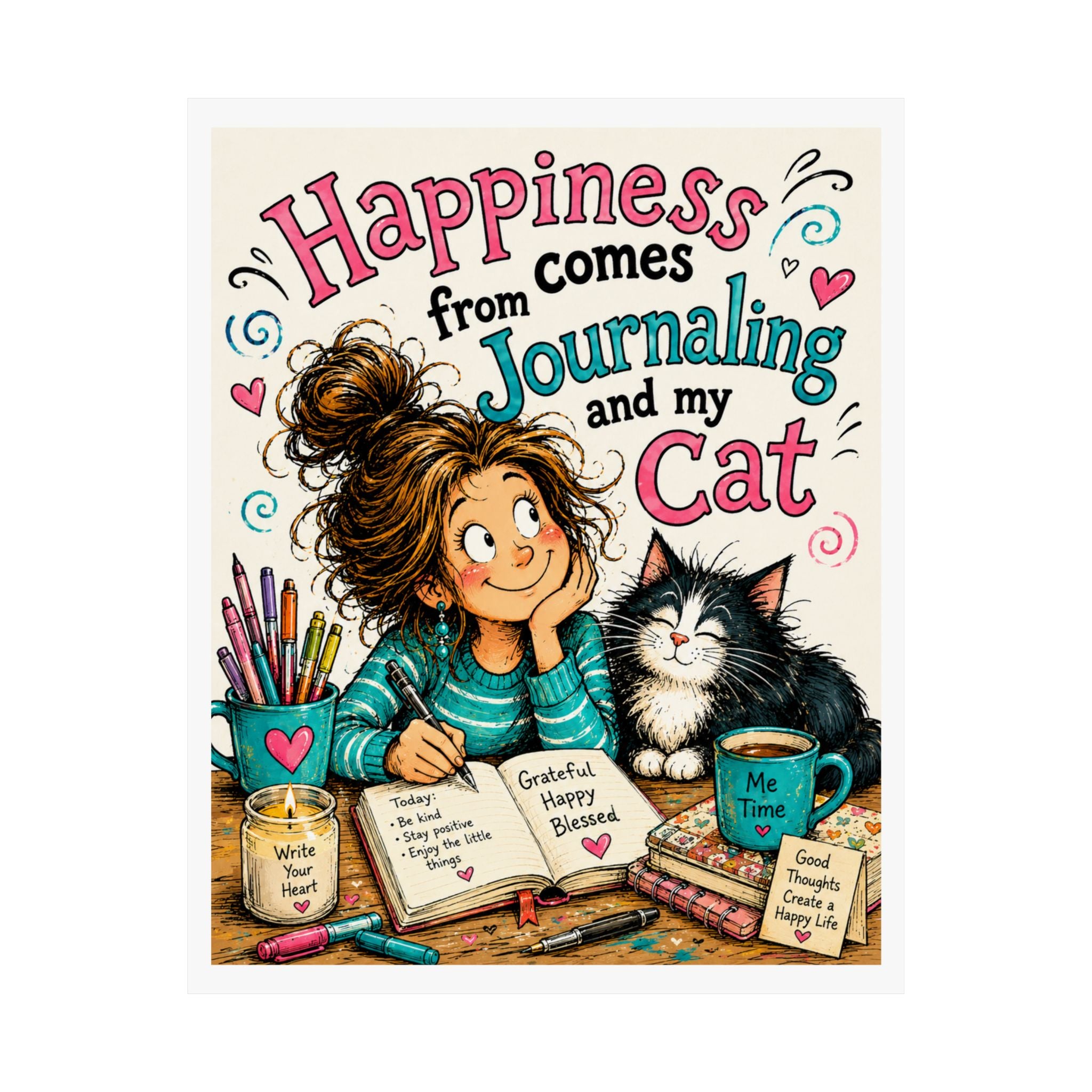 Journaling & My Cat Matte Poster — 'Happiness Comes from Journaling and My Cat'