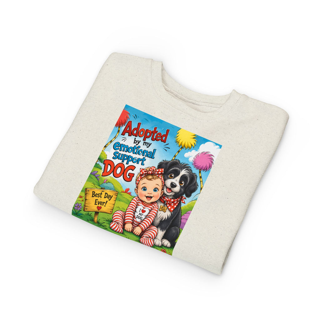 Toddler Sweatshirt — "Adopted by My Emotional Support Dog" Cute Baby & Pup Graphic