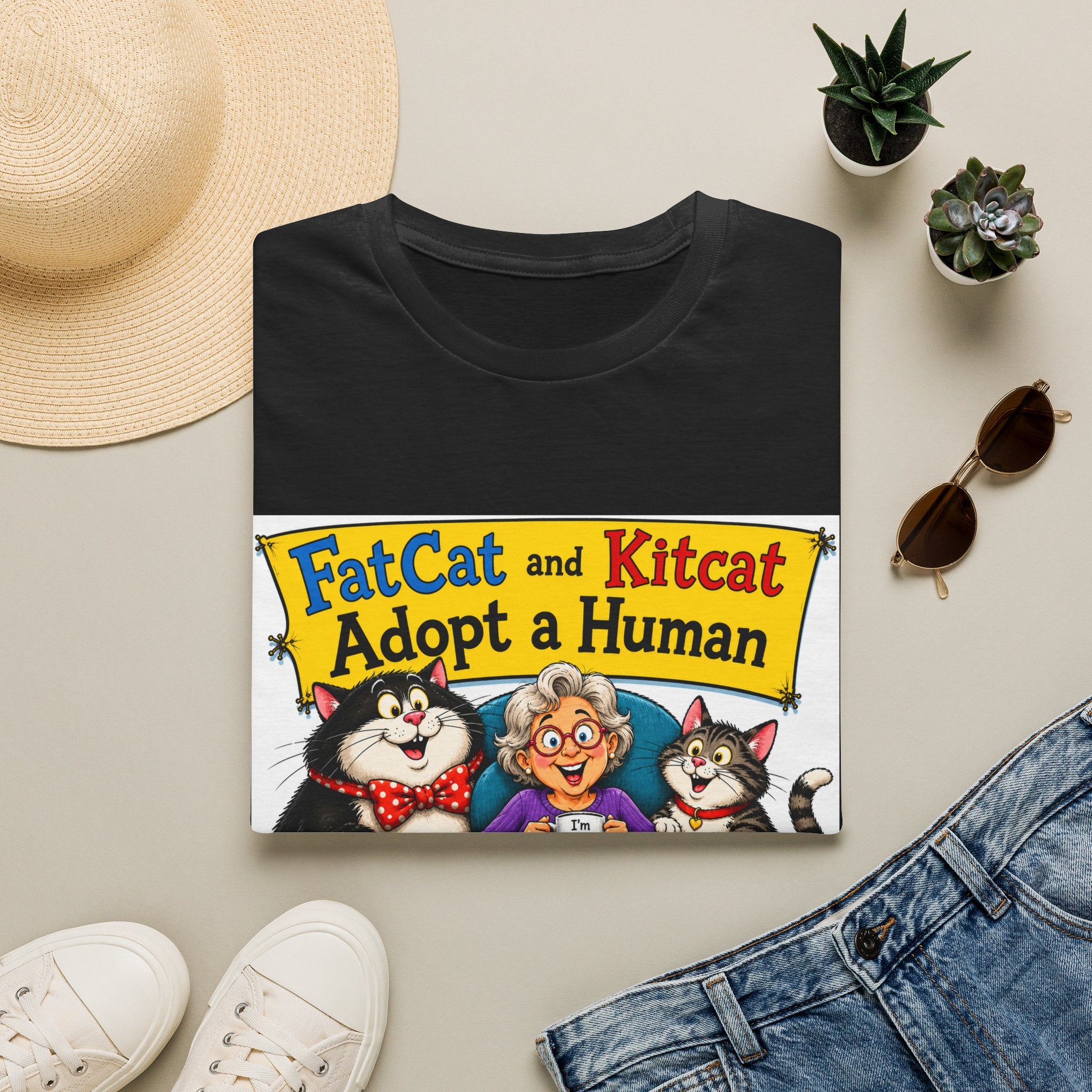 T-Shirt — "FatCat and Kitcat Adopt a Human" Cute Retro Cat Book Design