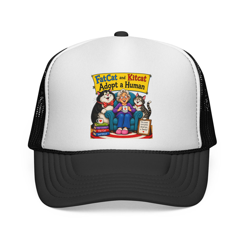 Trucker Hat — "Fat Cat and Kitcat Adopt a Human" Cute Rescue Pet Graphic