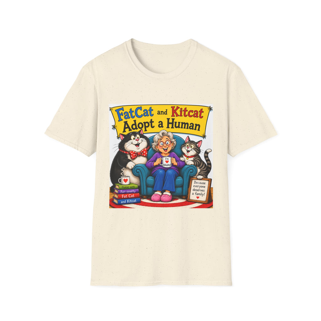 T-Shirt — "FatCat and Kitcat Adopt a Human" Cute Retro Cat Book Design