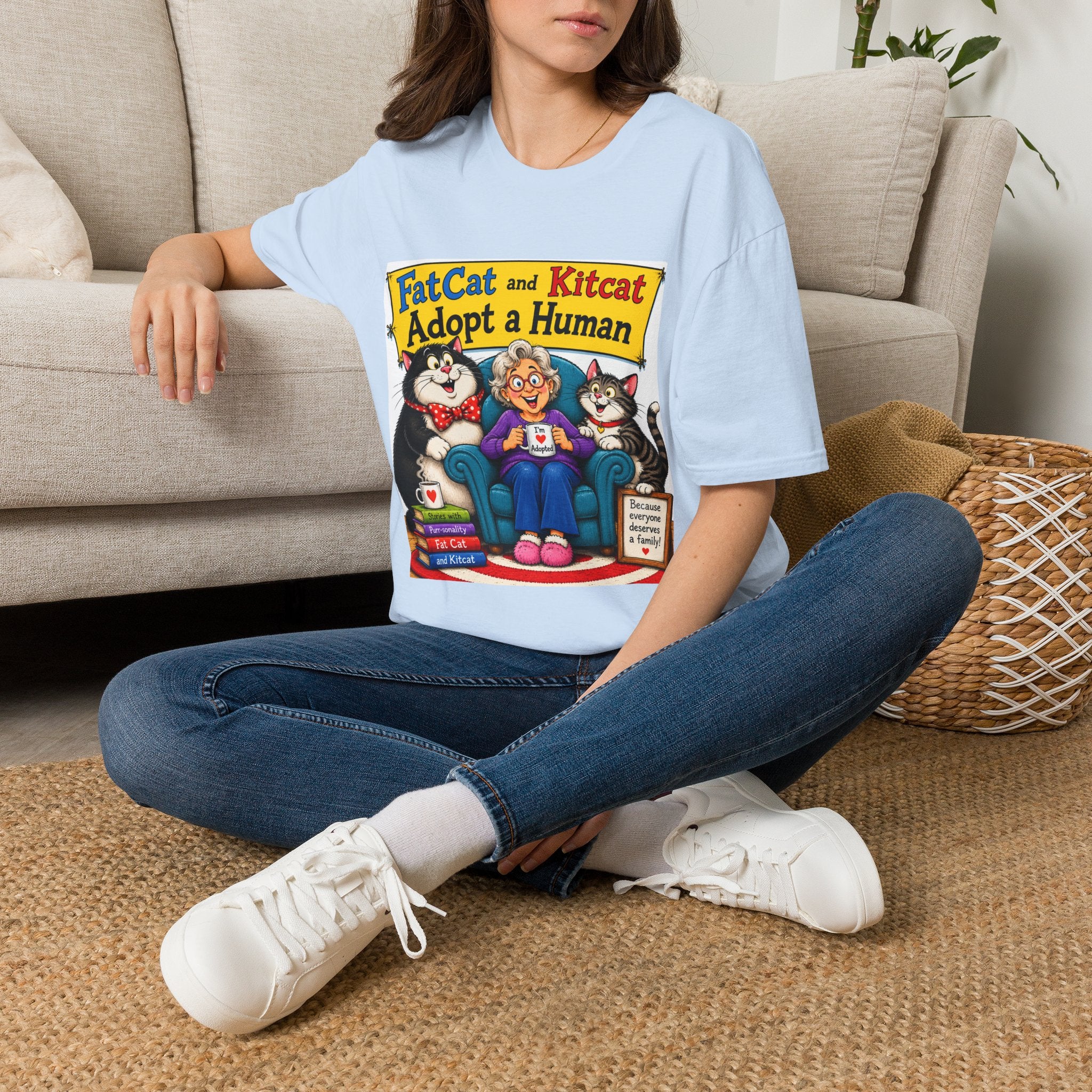 T-Shirt — "FatCat and Kitcat Adopt a Human" Cute Retro Cat Book Design