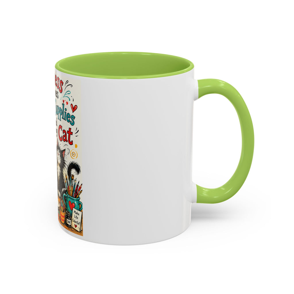 Art Supplies & My Cat Coffee Mug — "Happiness Comes From Art Supplies and My Cat" Accent Mug