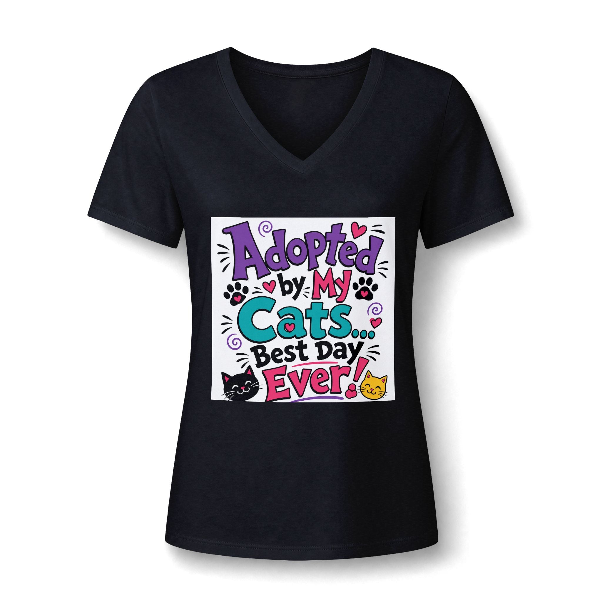 Adopted by My Cats V-Neck Tee — "Best Day Ever" Cat Mom Shirt