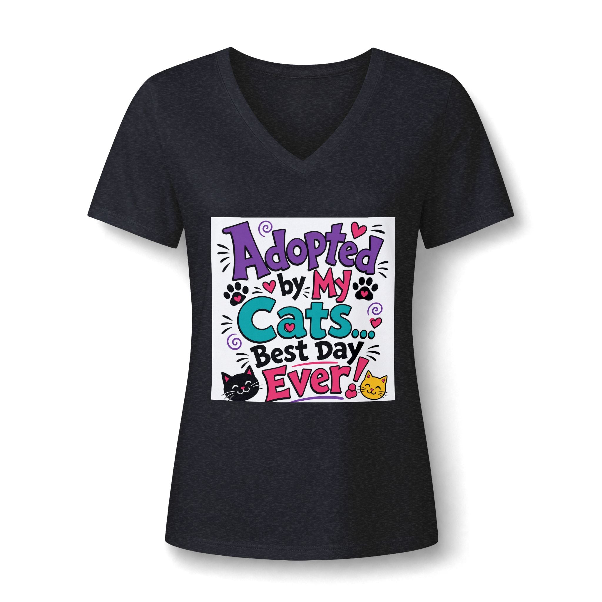Adopted by My Cats V-Neck Tee — "Best Day Ever" Cat Mom Shirt