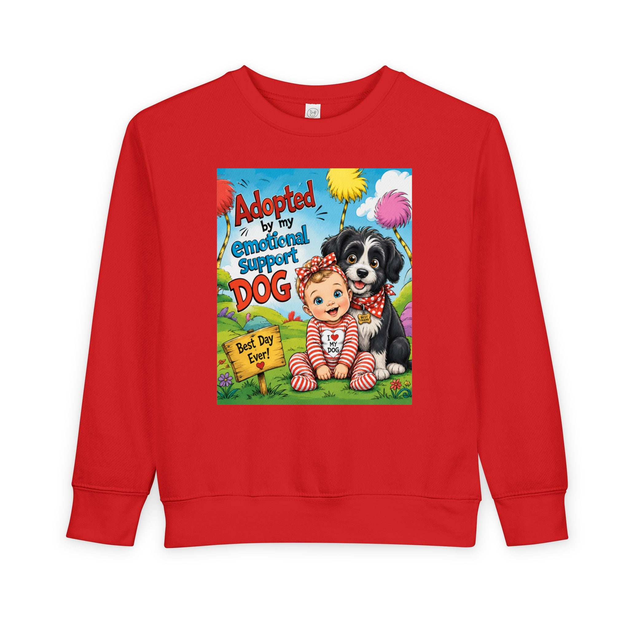Toddler Sweatshirt — "Adopted by My Emotional Support Dog" Cute Baby & Pup Graphic