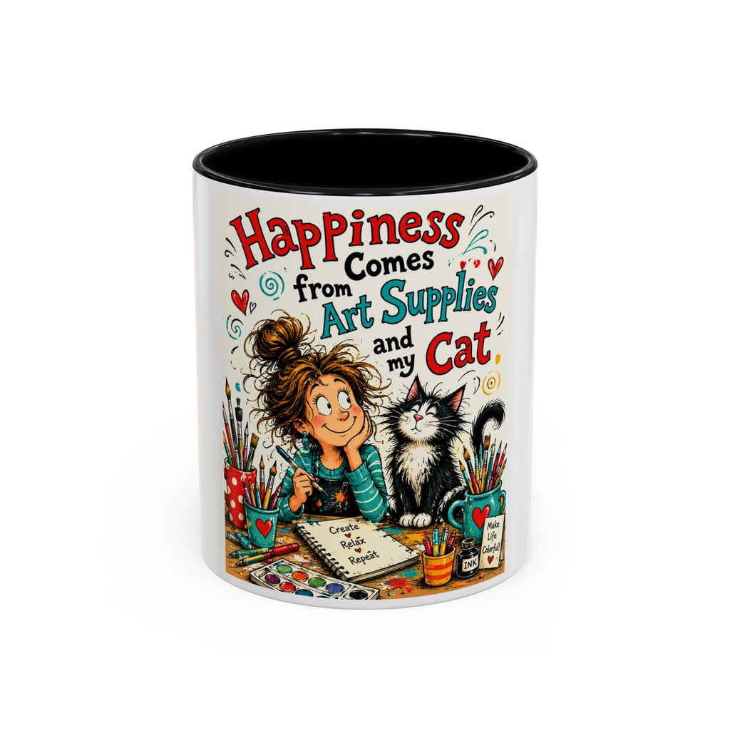 Art Supplies & My Cat Coffee Mug — "Happiness Comes From Art Supplies and My Cat" Accent Mug