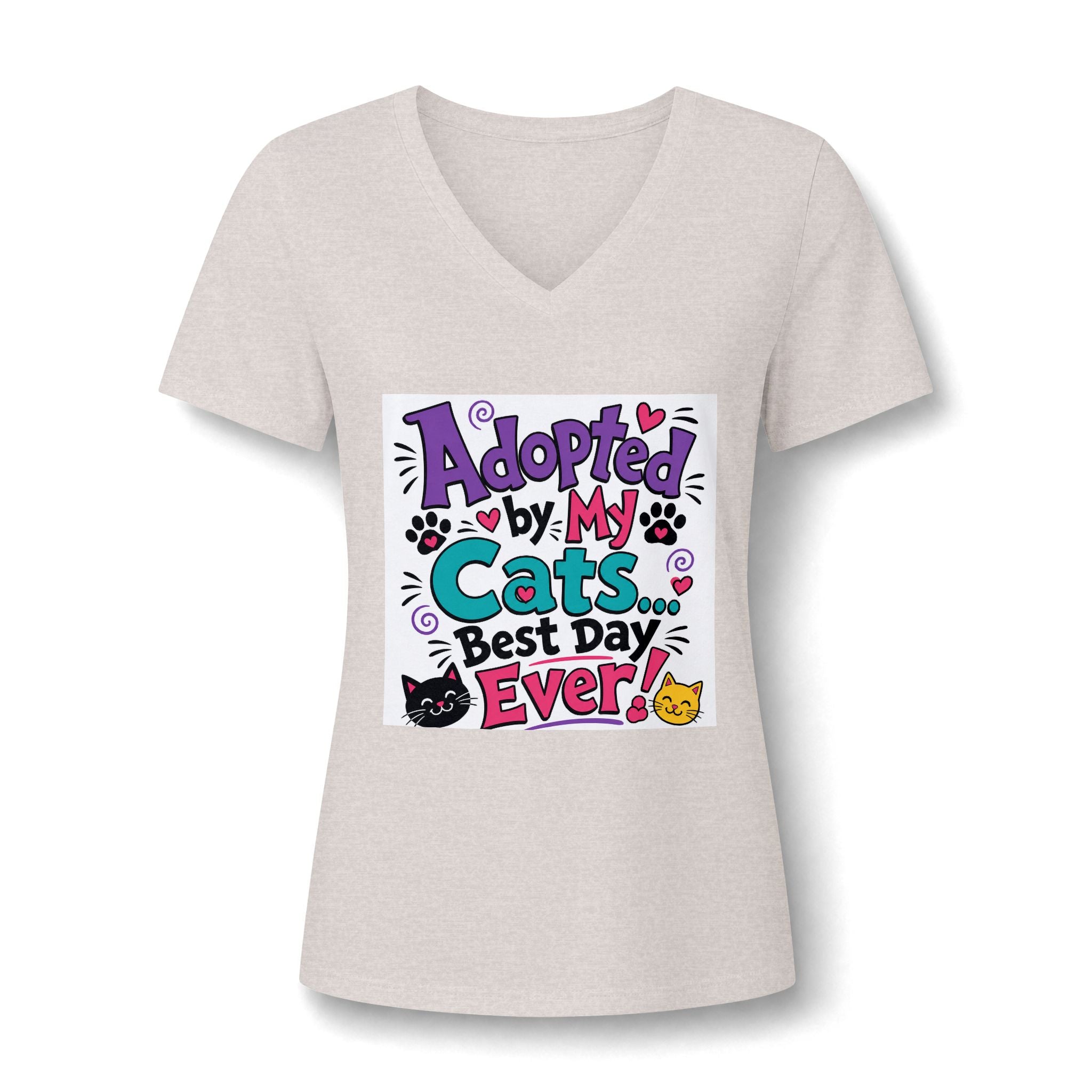 Adopted by My Cats V-Neck Tee — "Best Day Ever" Cat Mom Shirt