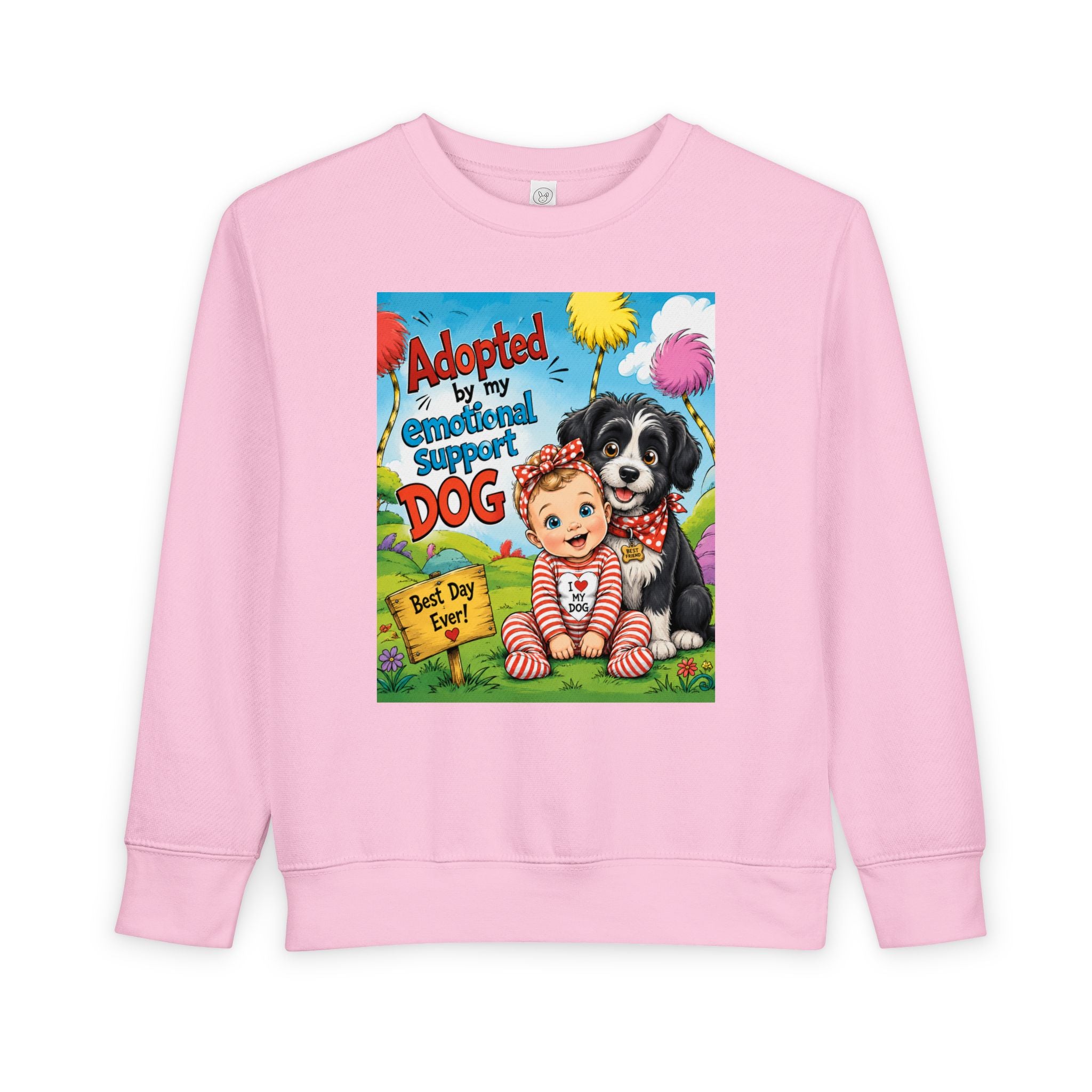Toddler Sweatshirt — "Adopted by My Emotional Support Dog" Cute Baby & Pup Graphic