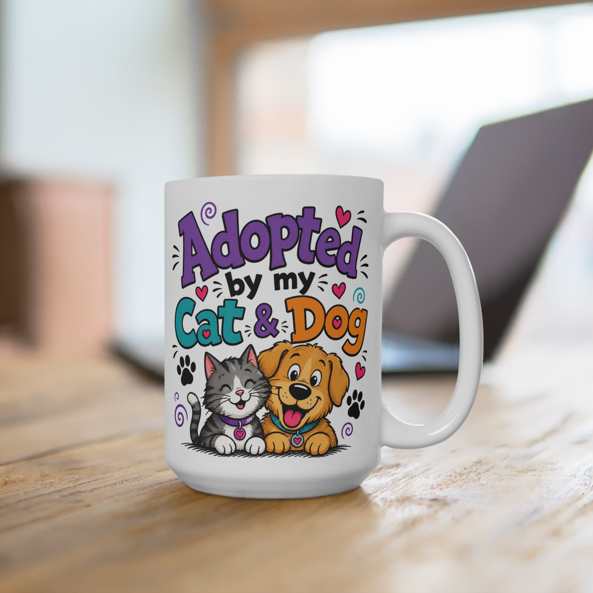 Adopted By My Cat & Dog Ceramic Mug — Cute Pet Lover Coffee Cup