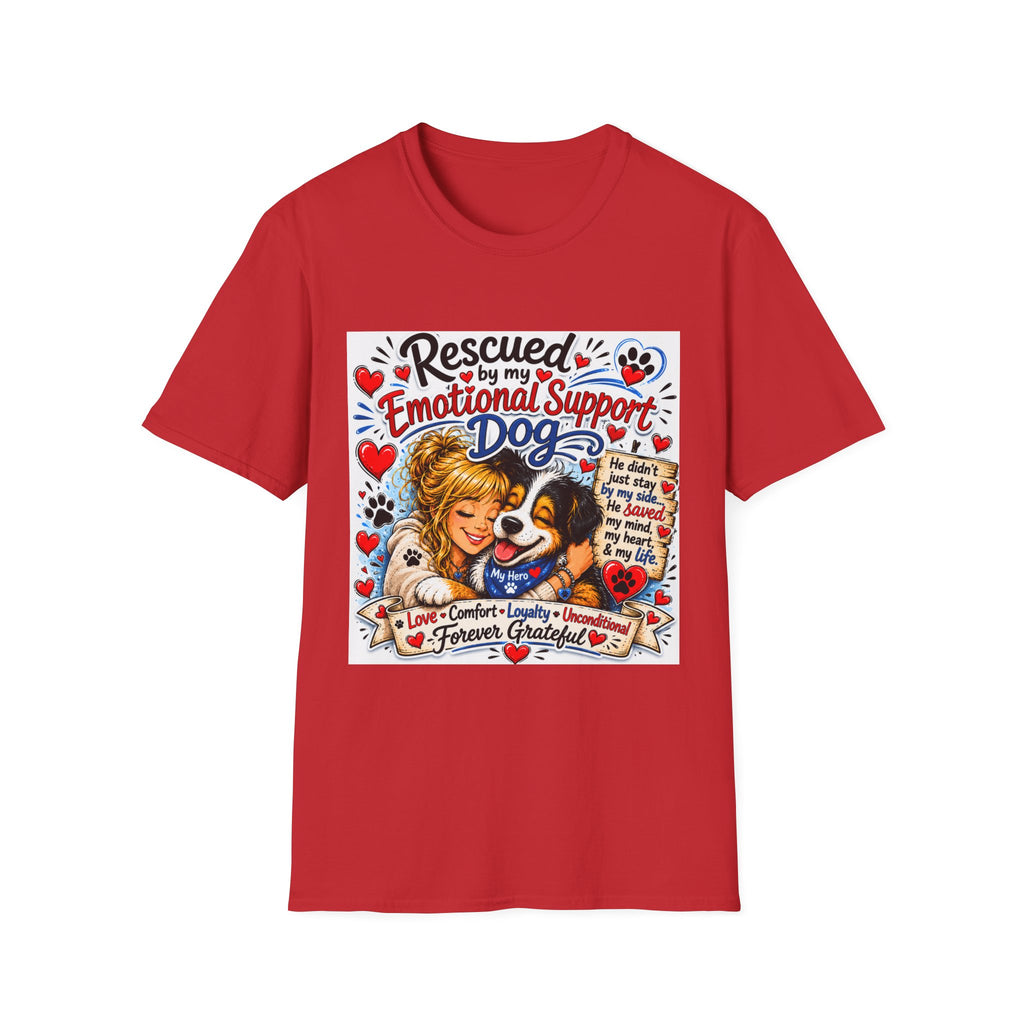 Emotional Support Dog T-Shirt — "Rescued by My Emotional Support Dog" Graphic Tee