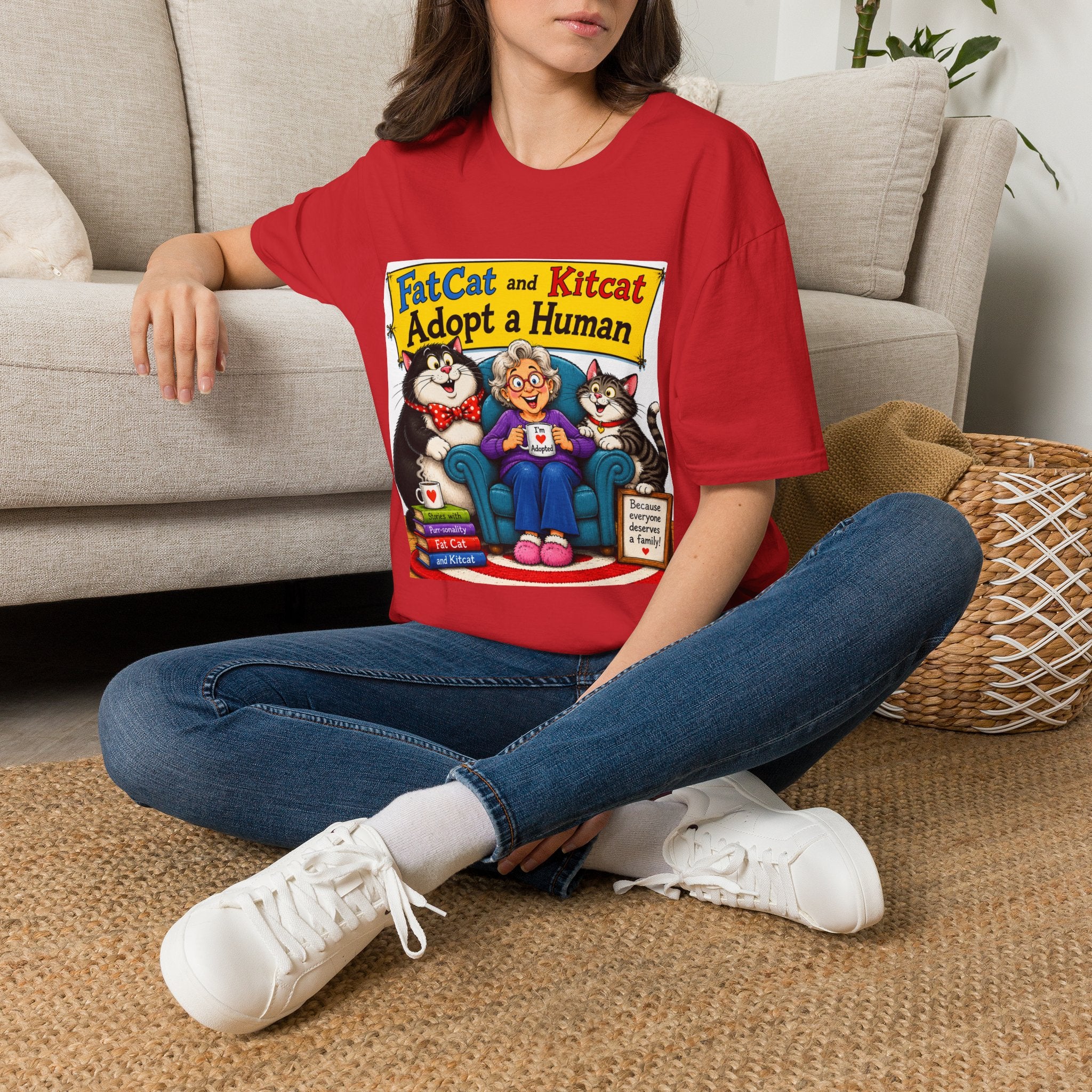T-Shirt — "FatCat and Kitcat Adopt a Human" Cute Retro Cat Book Design
