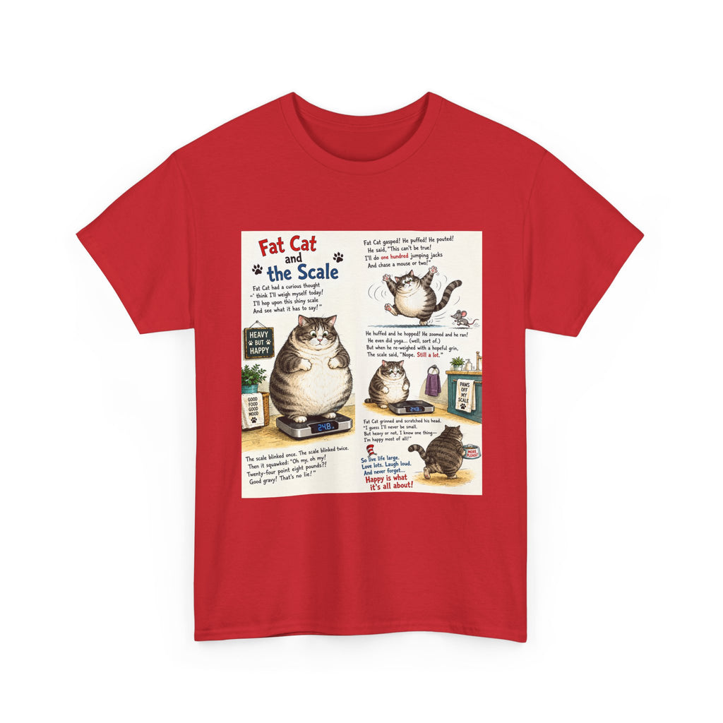 Cat Humor T-Shirt — "Fat Cat on the Scale" Illustrated Graphic Tee