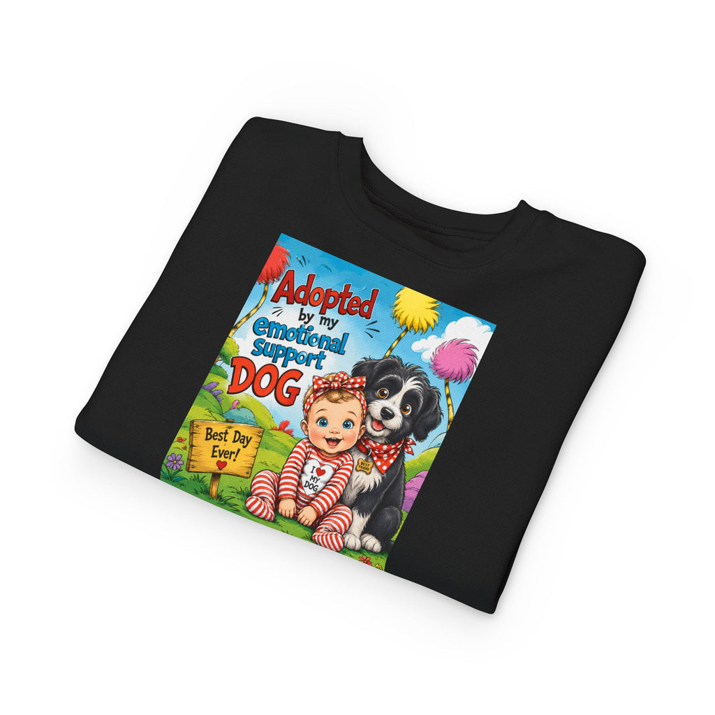 Toddler Sweatshirt — "Adopted by My Emotional Support Dog" Cute Baby & Pup Graphic