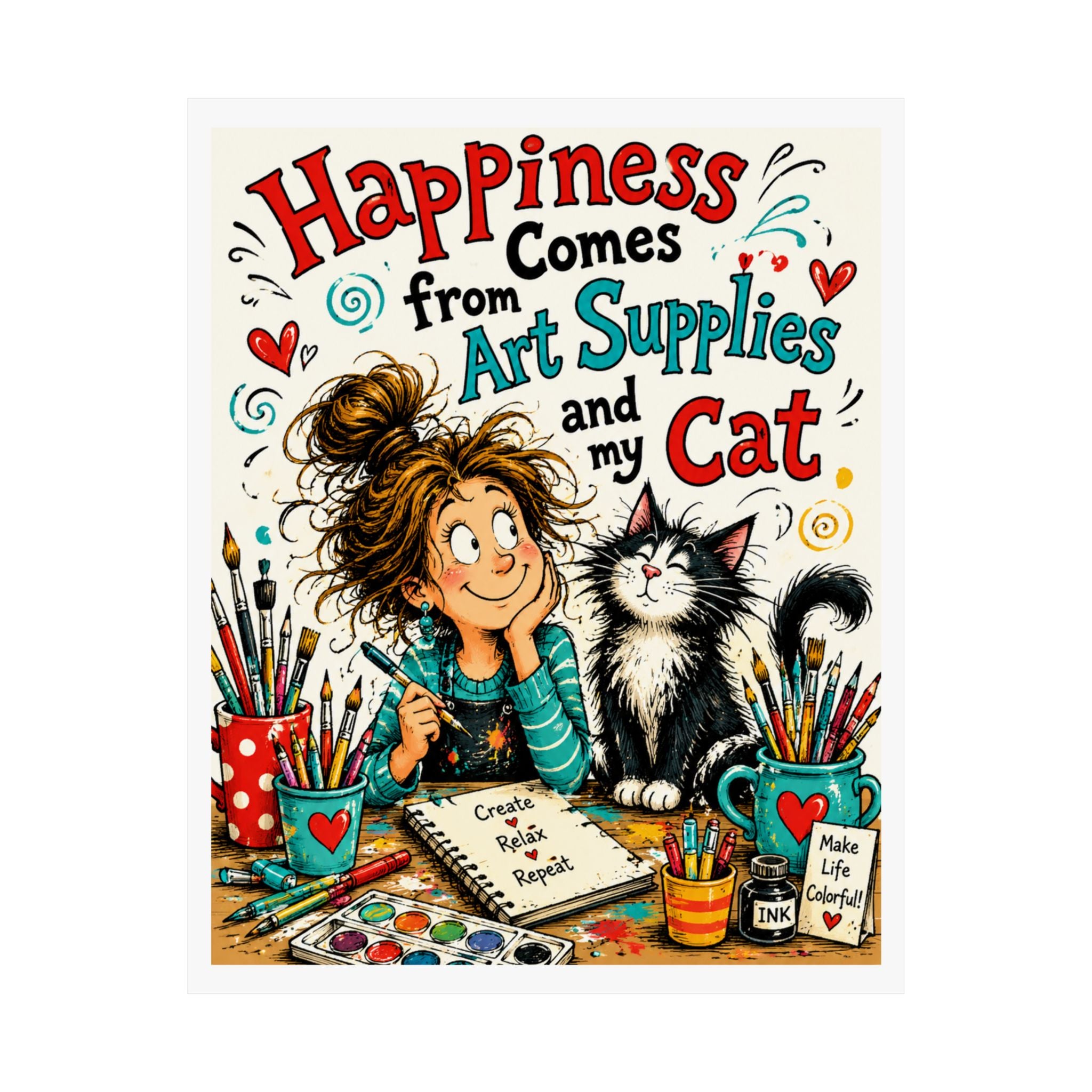 Happiness Comes From Art Supplies and My Cat Matte Poster