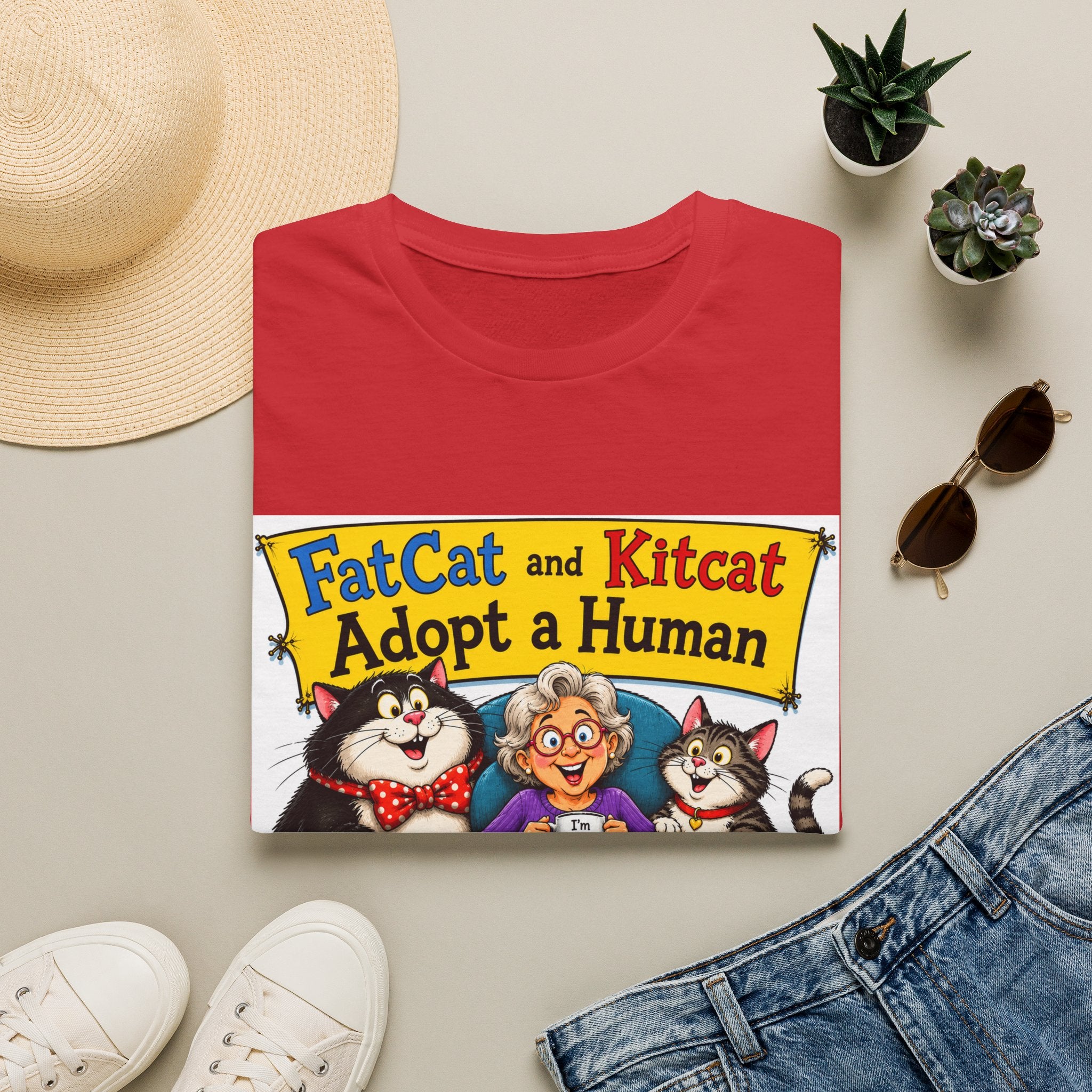 T-Shirt — "FatCat and Kitcat Adopt a Human" Cute Retro Cat Book Design
