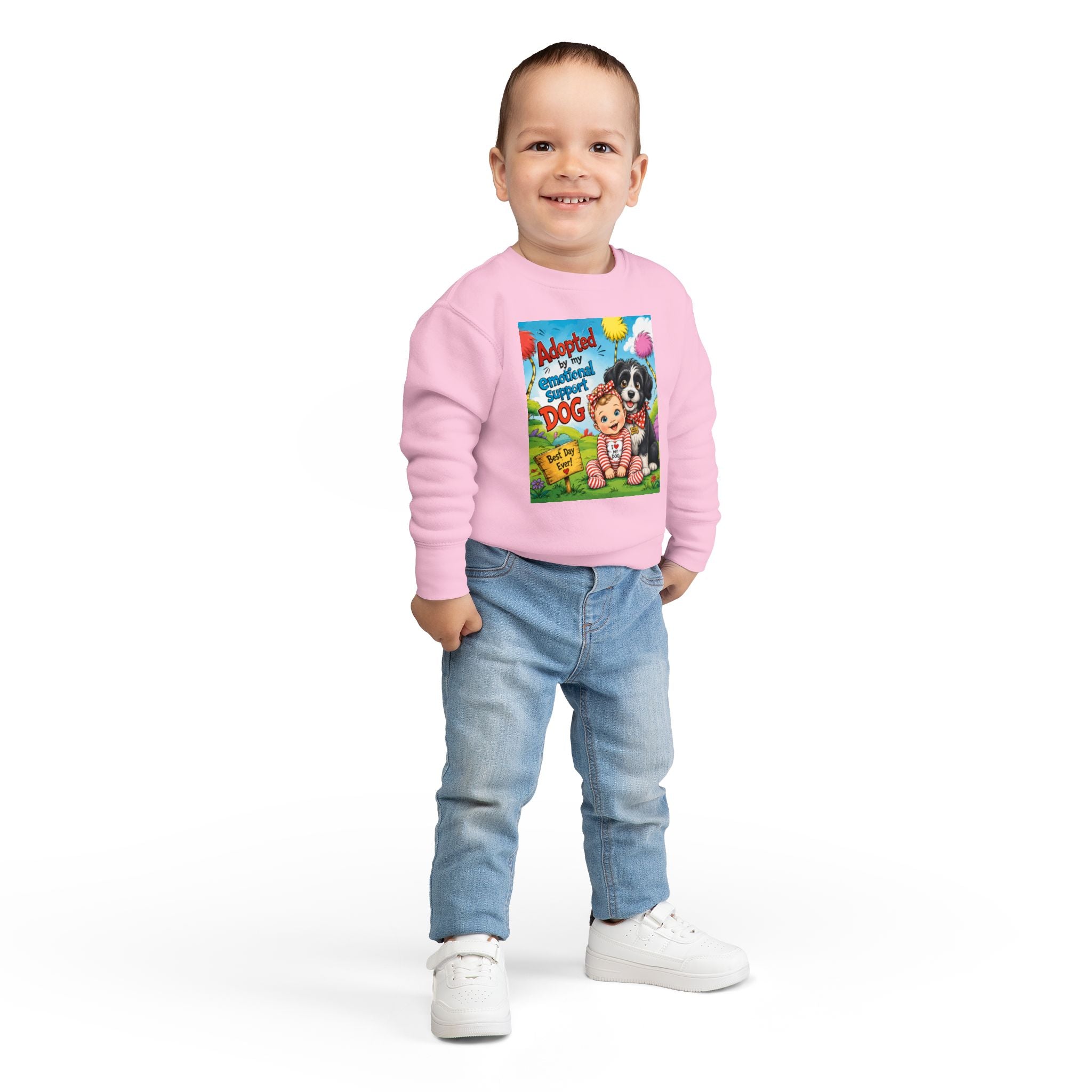 Toddler Sweatshirt — "Adopted by My Emotional Support Dog" Cute Baby & Pup Graphic