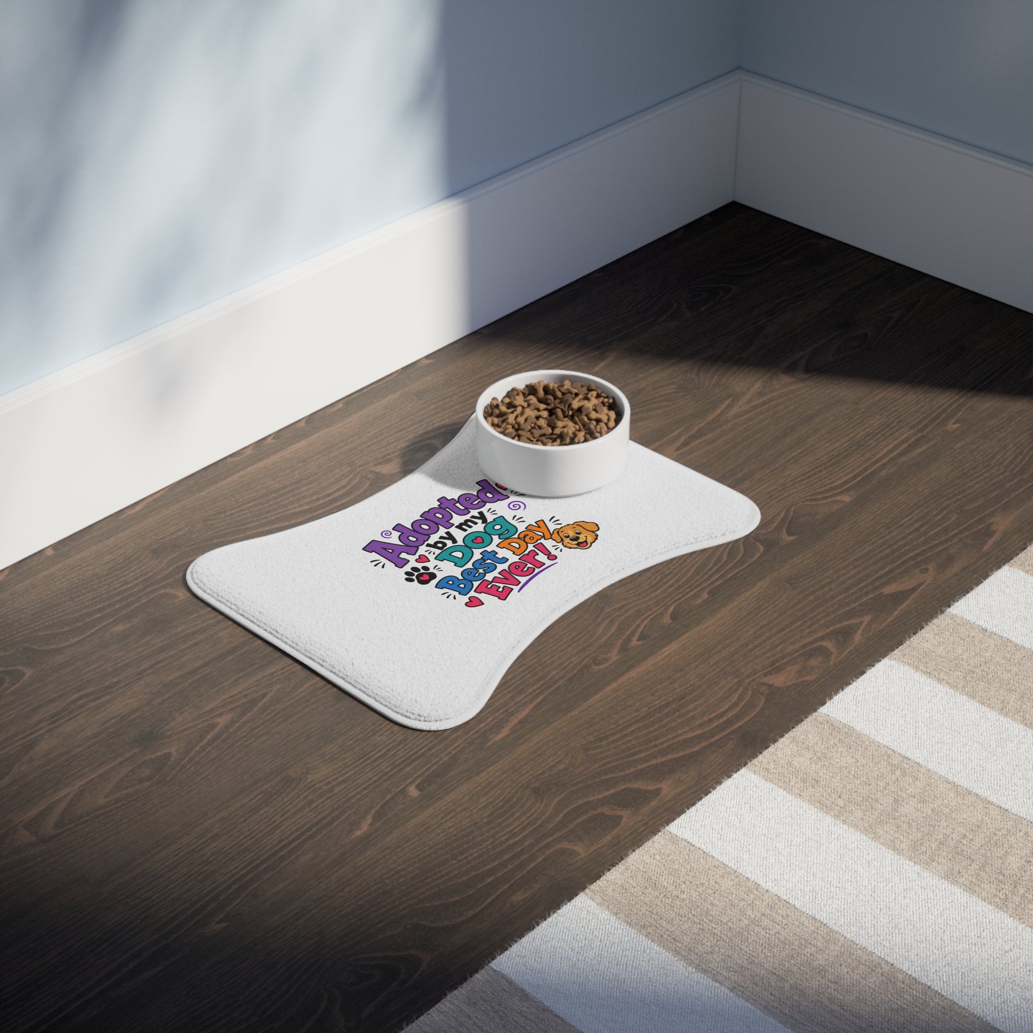 Dog Feeding Mat — "Adopted by My Dog: Best Day Ever!" Cute Non-Slip Pet Placemat