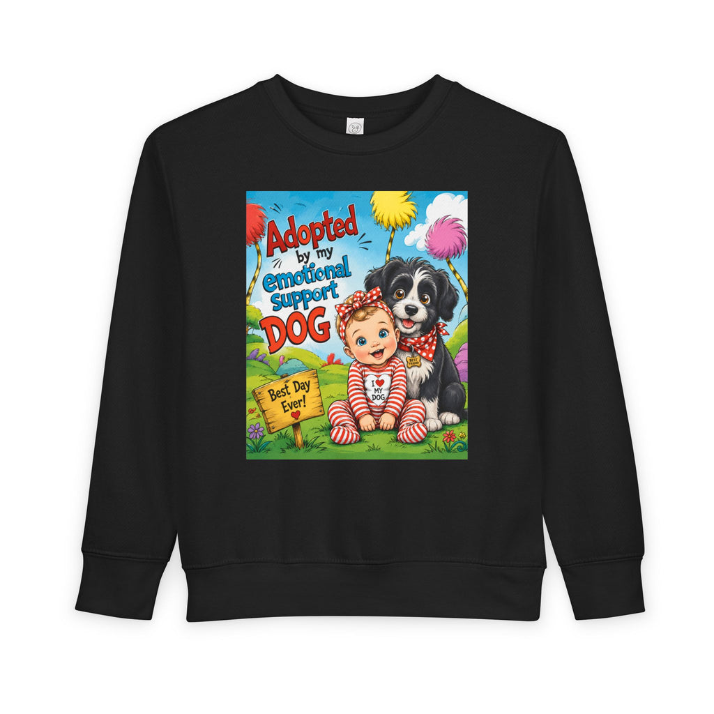 Toddler Sweatshirt — "Adopted by My Emotional Support Dog" Cute Baby & Pup Graphic