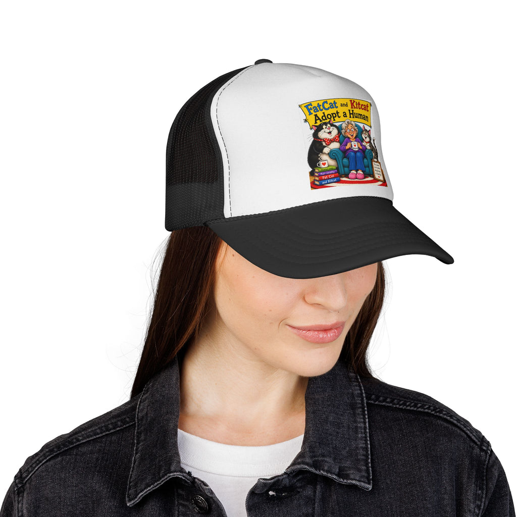 Trucker Hat — "Fat Cat and Kitcat Adopt a Human" Cute Rescue Pet Graphic